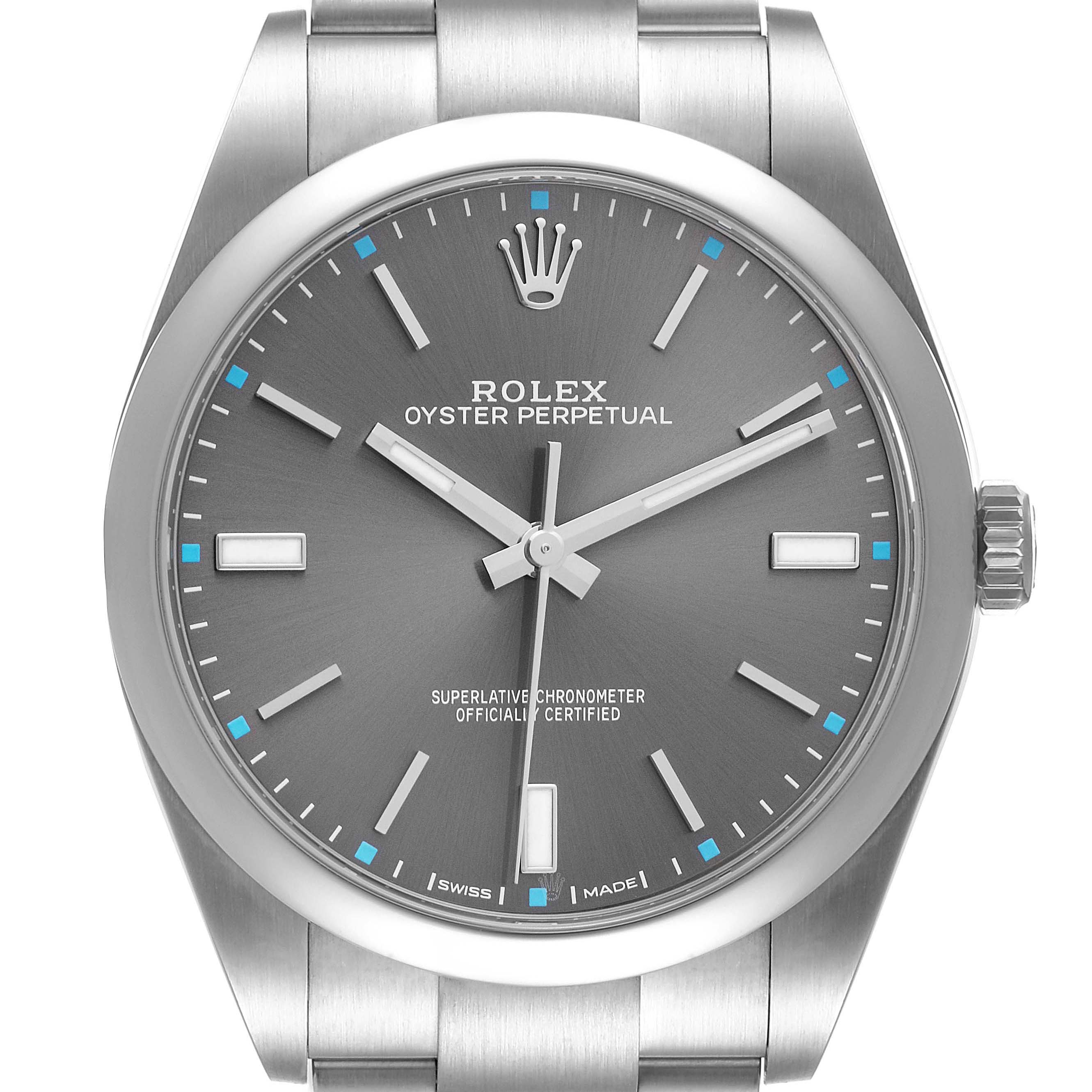 The image shows a frontal view of a Rolex Oyster Perpetual 114300 Men's Stainless Steel Grey Dial 114300 Men's Stainless Steel Grey Dial watch, highlighting the dial, hands, crown, and part of the bracelet.