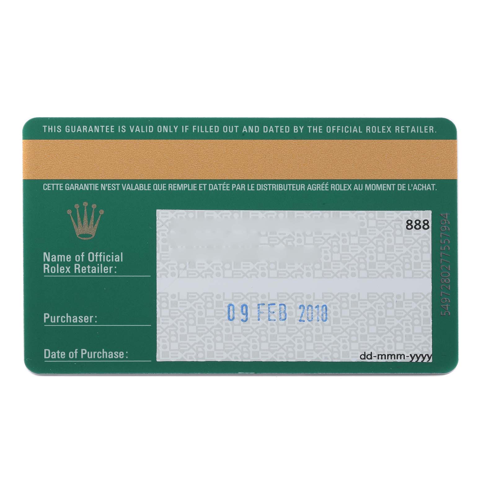 This image shows the guarantee card for a Rolex Oyster Perpetual 114300 Men's Stainless Steel Grey Dial 114300 Men's Stainless Steel Grey Dial, including retail and purchase details.