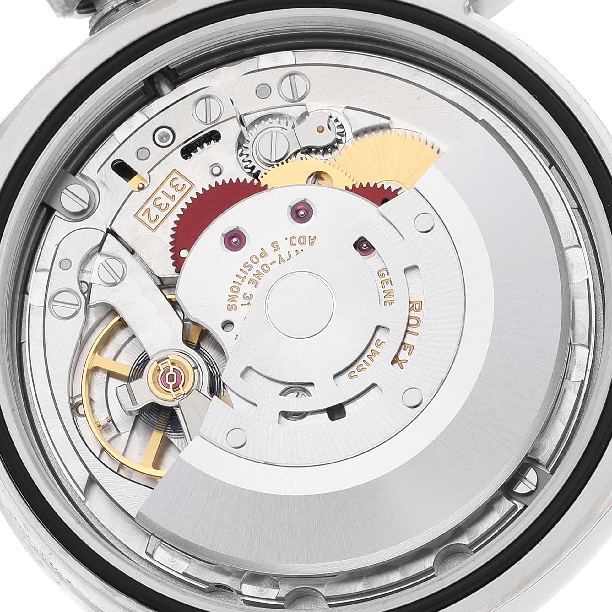 The image shows the intricate inner mechanism and movement of a Rolex Oyster Perpetual 114300 Men's Stainless Steel Grey Dial 114300 Men's Stainless Steel Grey Dial watch.