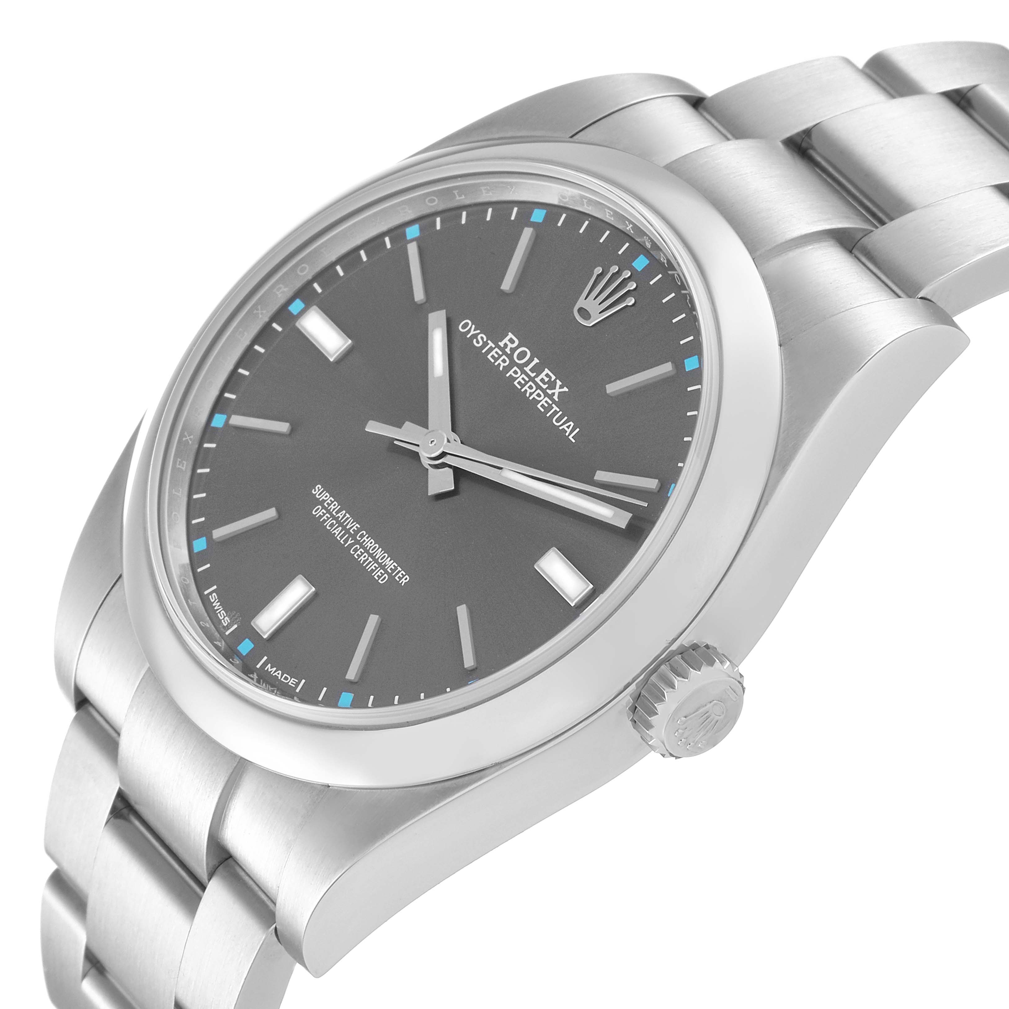 The image shows a side view of the Rolex Oyster Perpetual 114300 Men's Stainless Steel Grey Dial 114300 Men's Stainless Steel Grey Dial watch, displaying the dial, crown, and part of the bracelet.