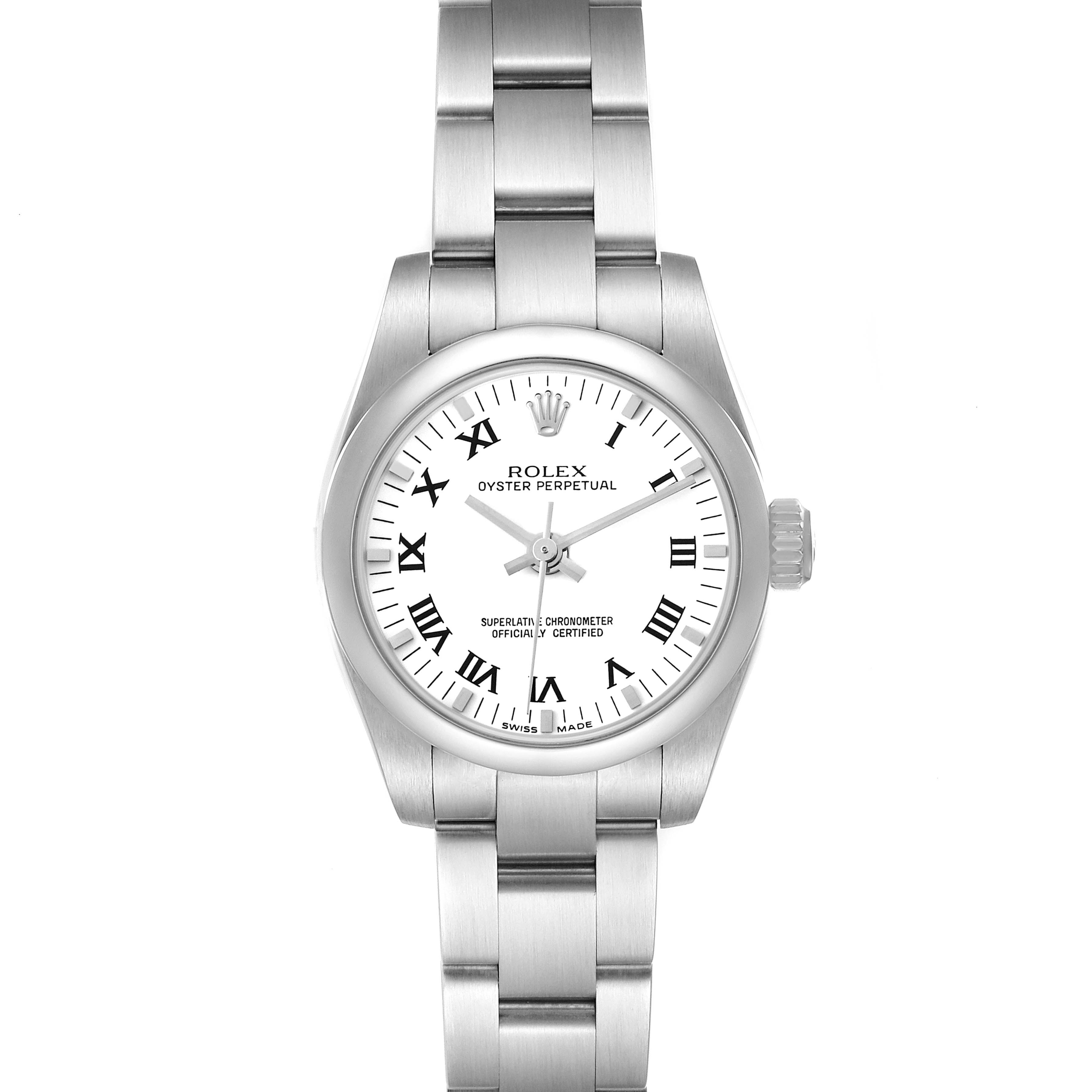 The Rolex Oyster Perpetual 176200 Women
s Stainless Steel White Dial watch is shown from a top view, displaying the face, bezel, crown, and bracelet.