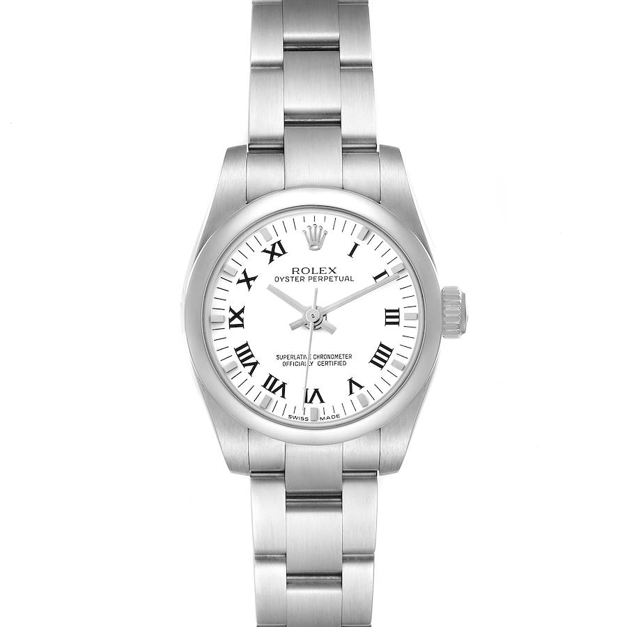 The Rolex Oyster Perpetual 176200 Women's Stainless Steel White Dial watch is shown from a top view, displaying the face, bezel, crown, and bracelet.