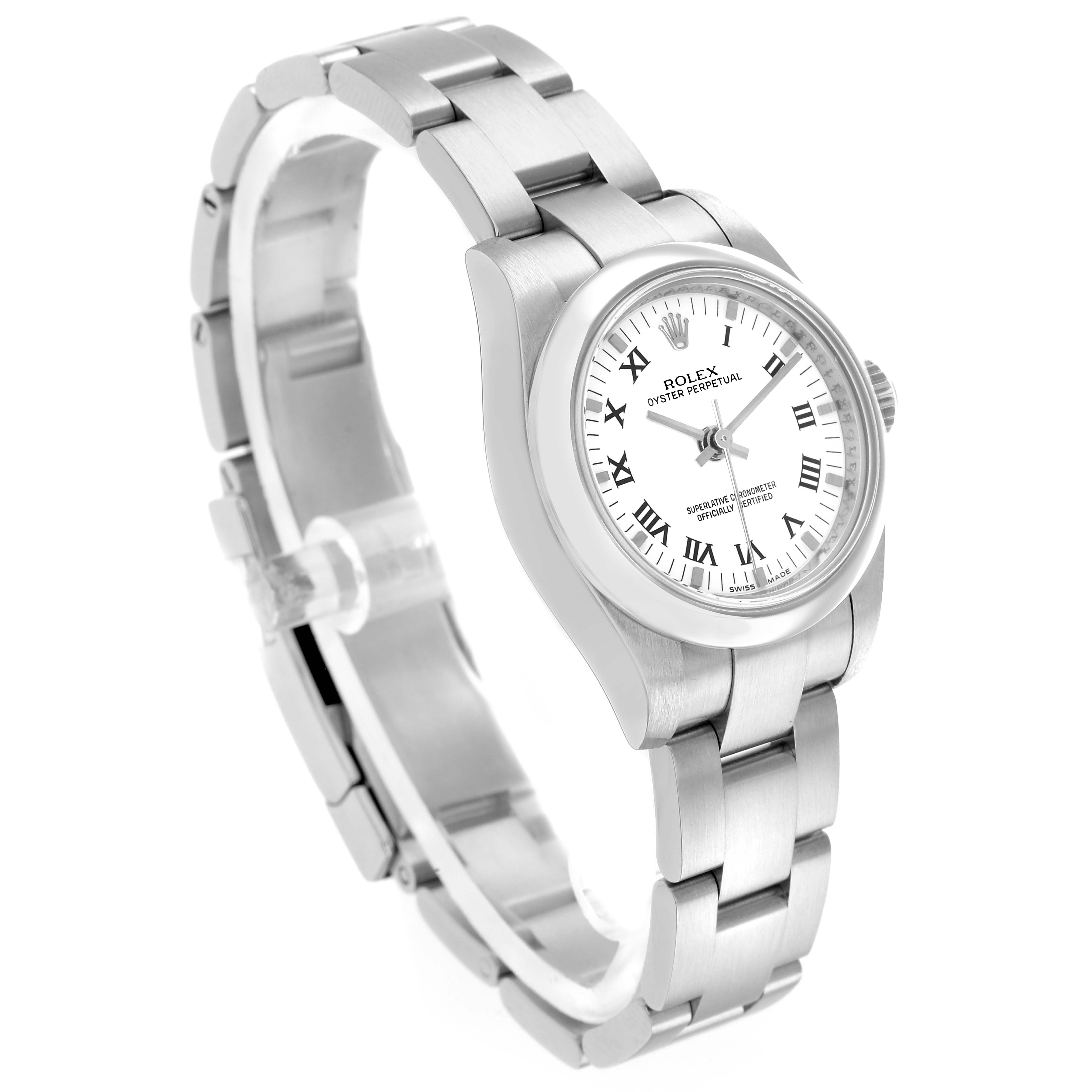 The Rolex Oyster Perpetual 176200 Women
s Stainless Steel White Dial watch is shown at a slight angle, highlighting the face, bezel, and a portion of the bracelet.