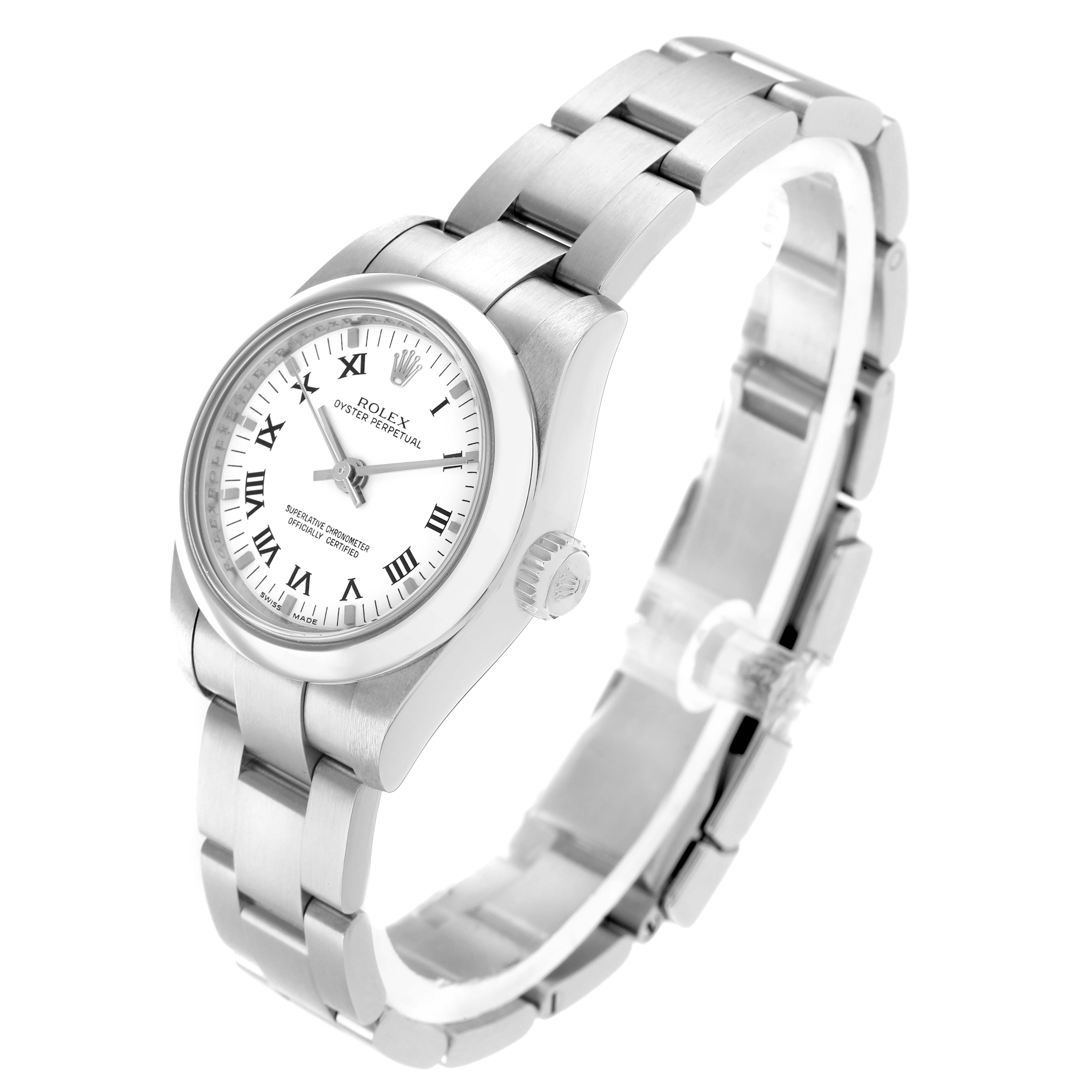 The Rolex Oyster Perpetual 176200 Women
s Stainless Steel White Dial watch is shown at a three-quarter angle, highlighting the dial, bezel, crown, and bracelet.