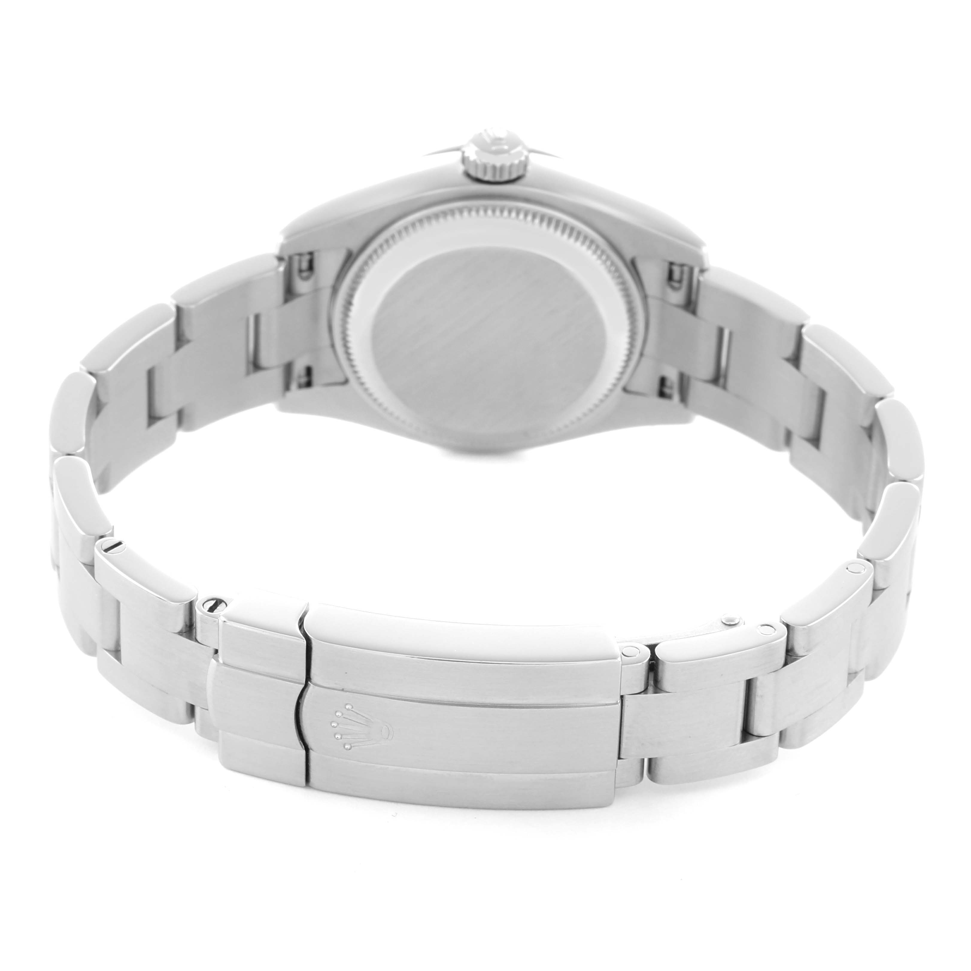 The image shows the back of the Rolex Oyster Perpetual 176200 Women
s Stainless Steel White Dial, highlighting the case back and bracelet with the clasp visible.