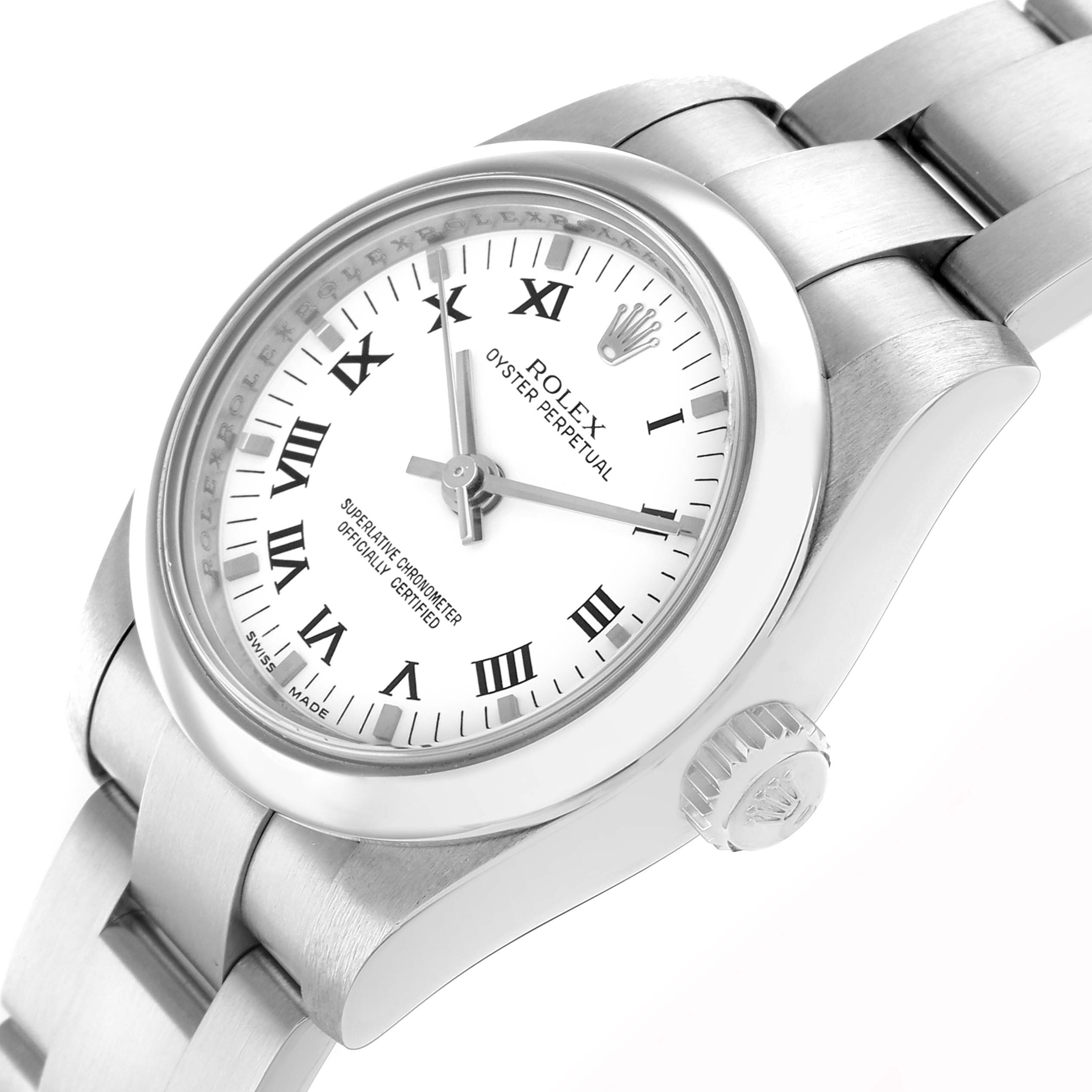 The Rolex Oyster Perpetual 176200 Women
s Stainless Steel White Dial watch is shown at a slight angle, featuring the dial, bezel, crown, and part of the bracelet.