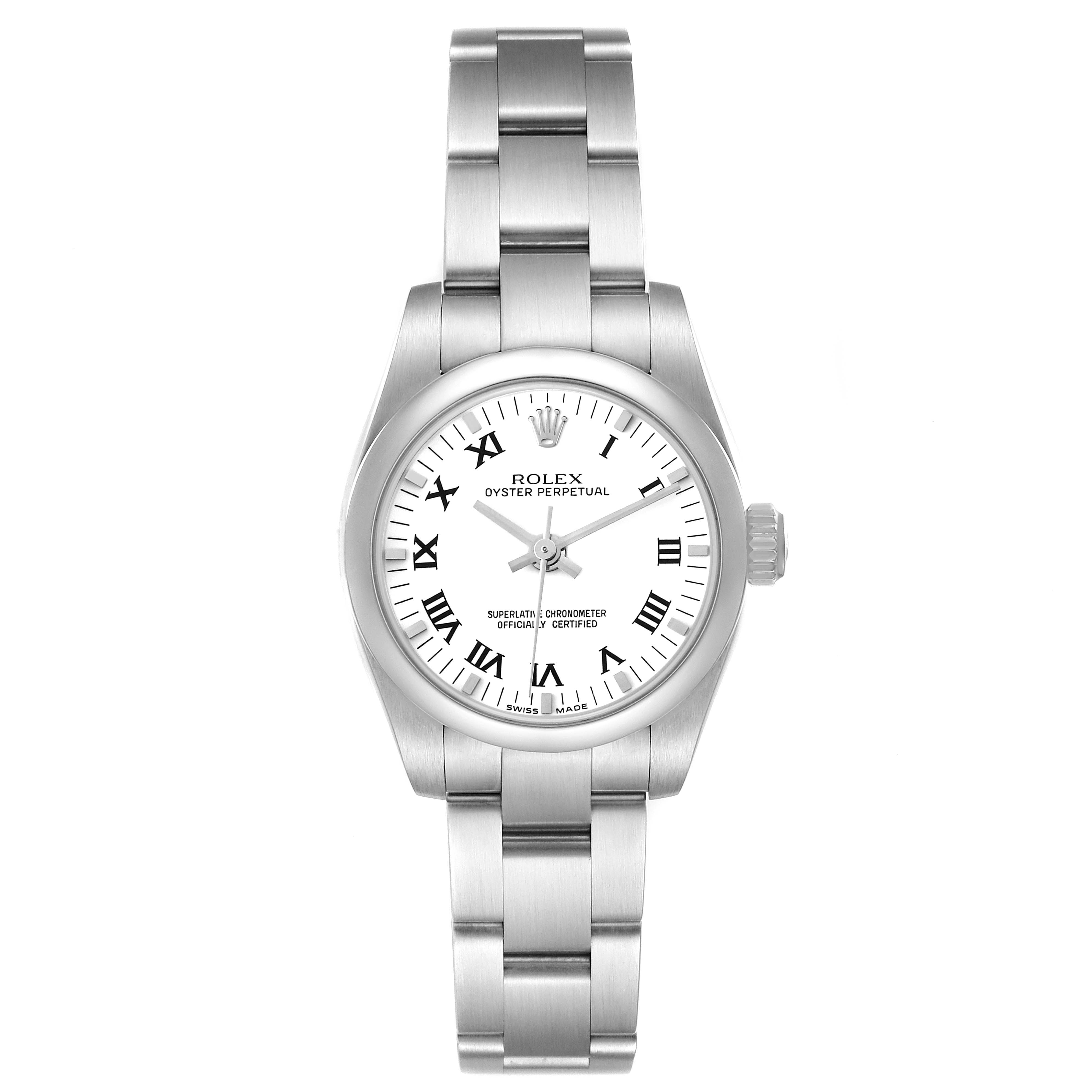 The Rolex Oyster Perpetual 176200 Women
s Stainless Steel White Dial watch is shown from a front angle, displaying its face, bracelet, and crown.