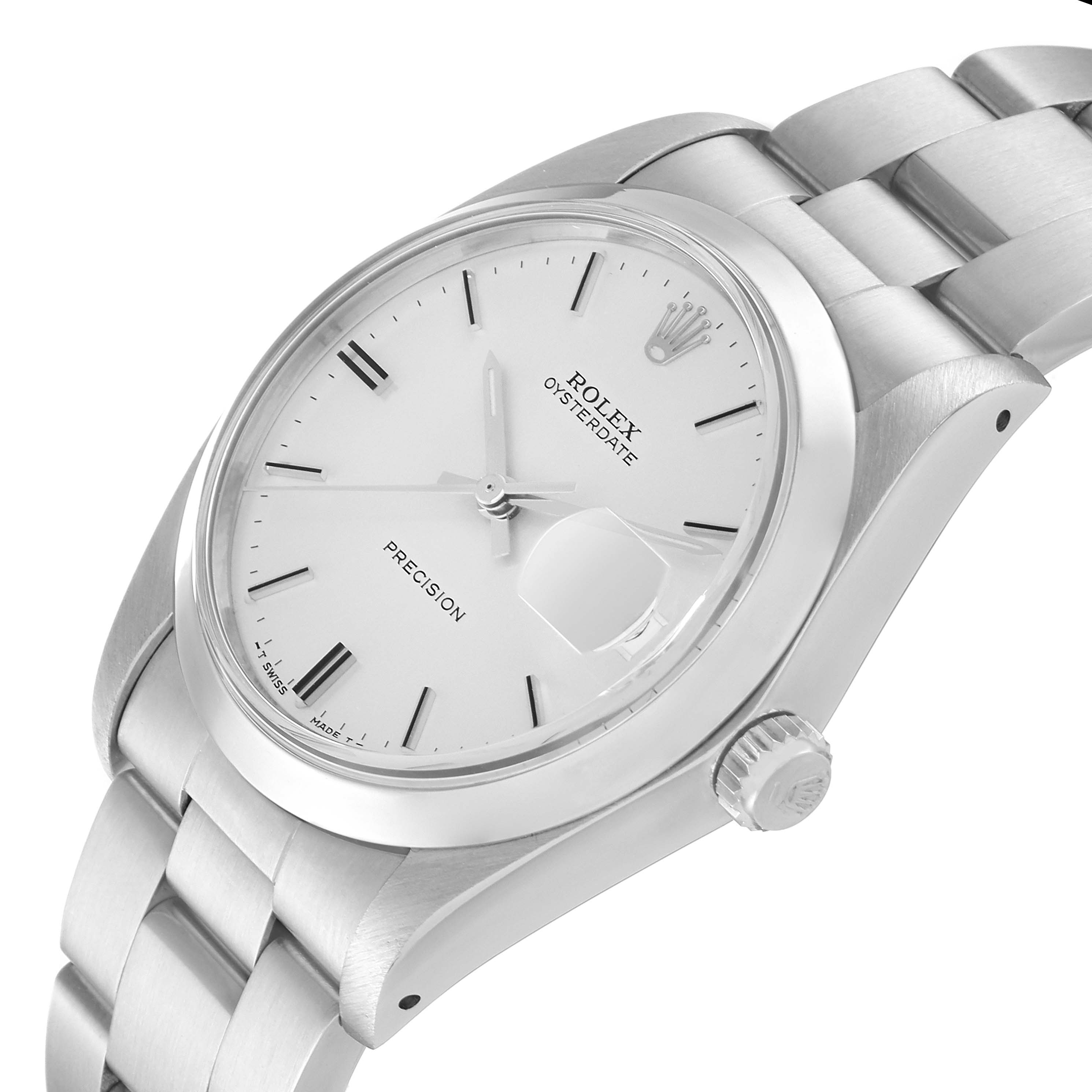 The image shows a tilted angle of the Rolex Oysterdate Precision watch from the Vintage Collection, highlighting the dial, crown, and bracelet.