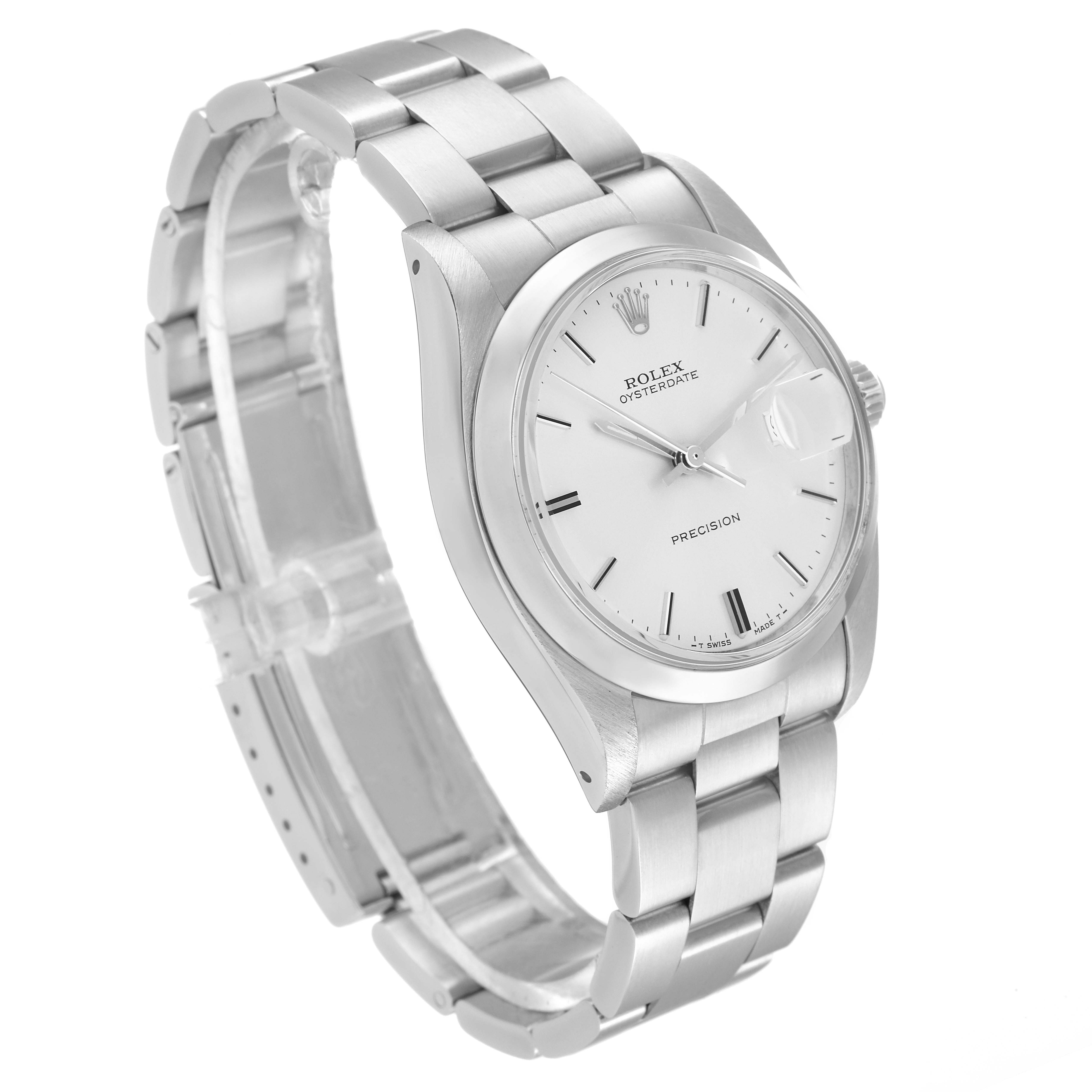 This image shows a Rolex Vintage Collection 6694 Men's Stainless Steel Silver Dial 6694 Men's Stainless Steel Silver Dial Oysterdate model watch at a slight angle displaying the face, bezel, and part of the bracelet.