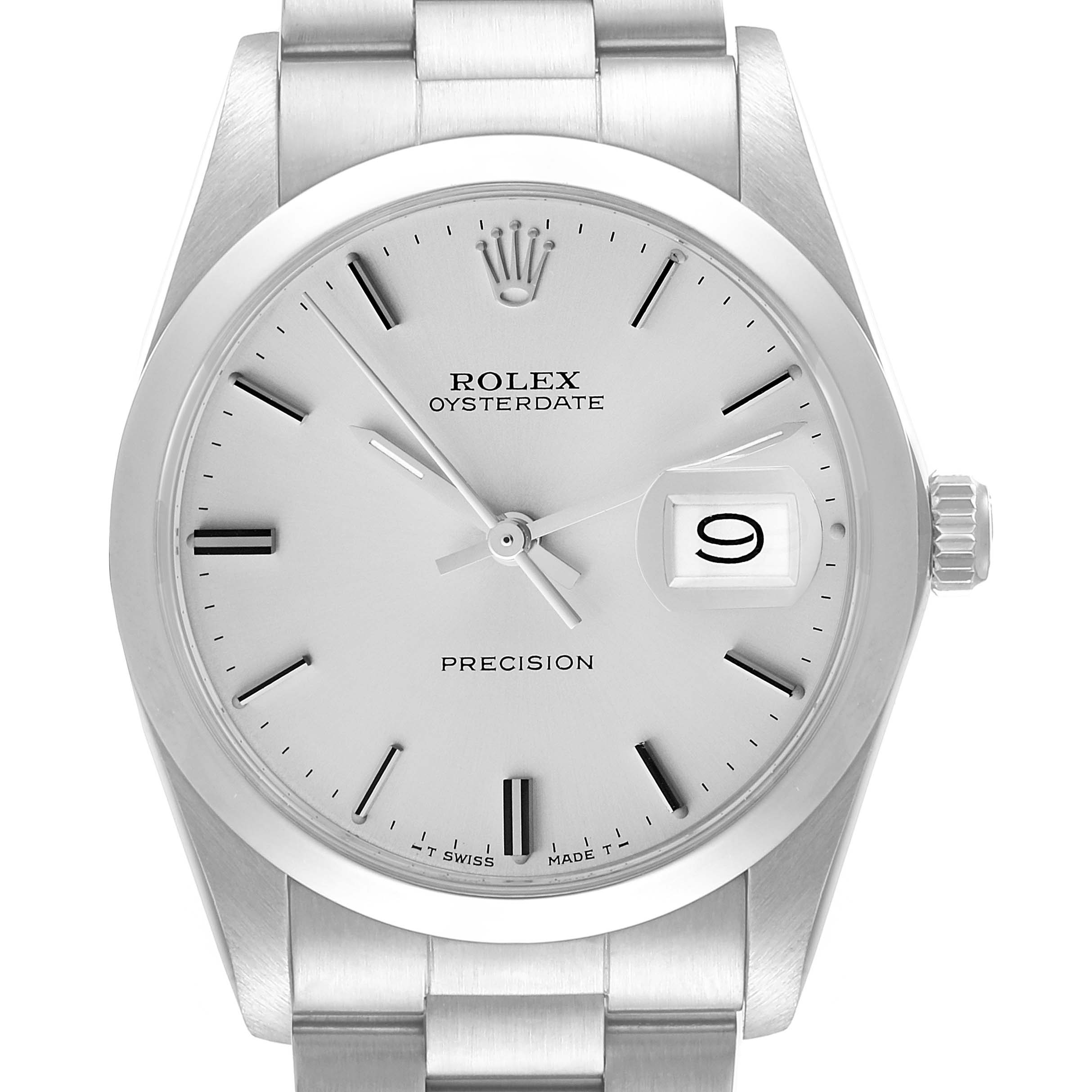 This image shows a front view of the dial, crown, and bracelet of the Vintage Collection Rolex Oysterdate Precision watch.