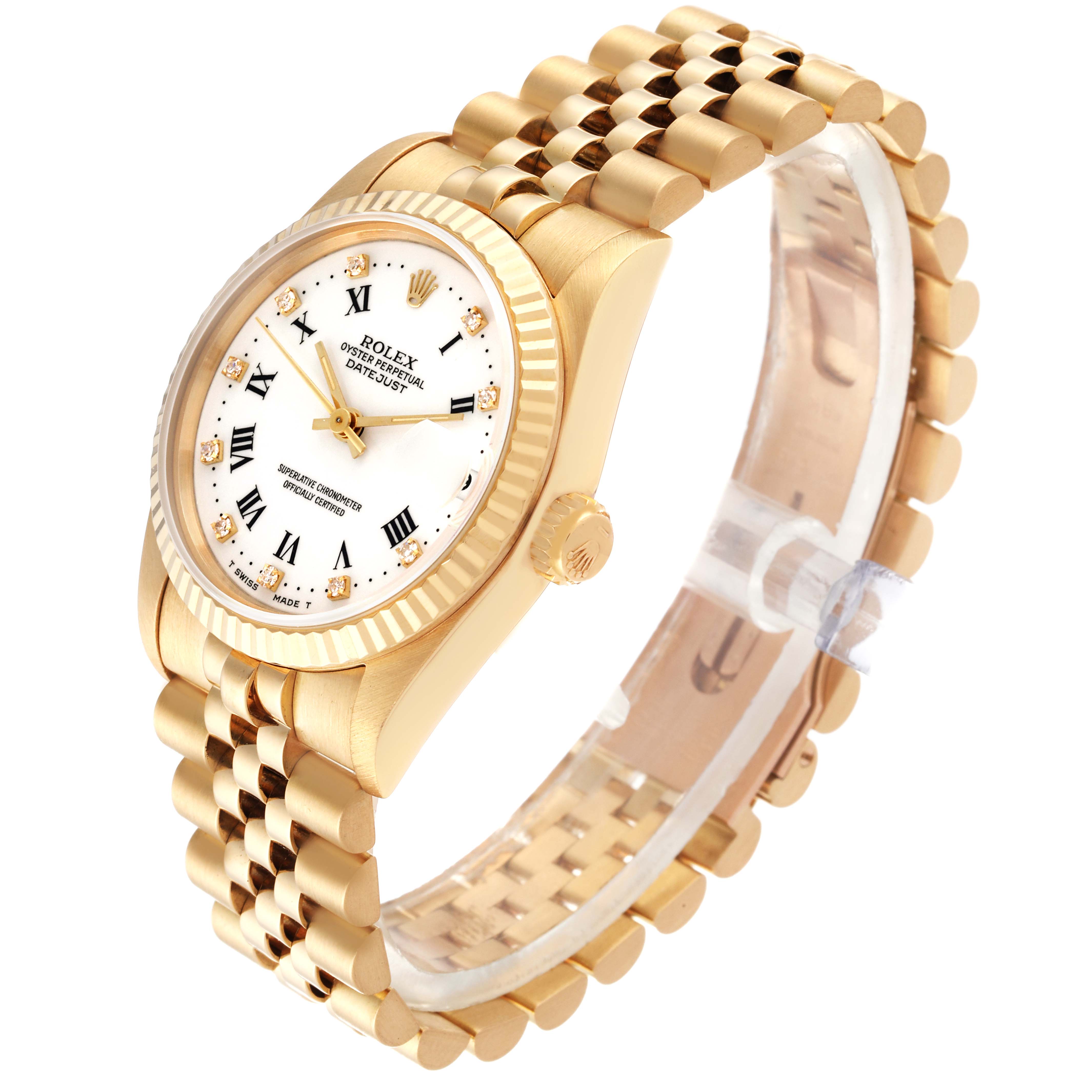 This Rolex Mid-Size 68278 Women's Yellow Gold White Dial 68278 Women's Yellow Gold White Dial model watch is shown at a slight angle, highlighting the face, bezel, crown, and part of the bracelet.