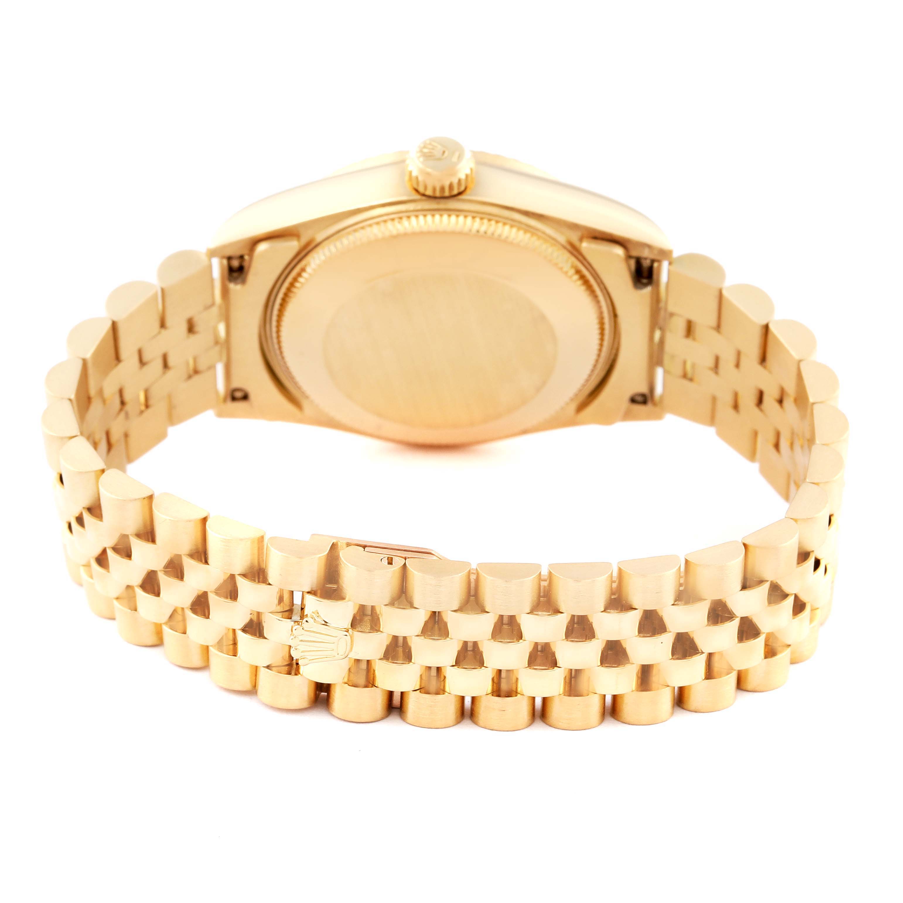 The image shows the back case and bracelet of a Rolex Mid-Size 68278 Women's Yellow Gold White Dial 68278 Women's Yellow Gold White Dial watch from a rear, slightly angled view.