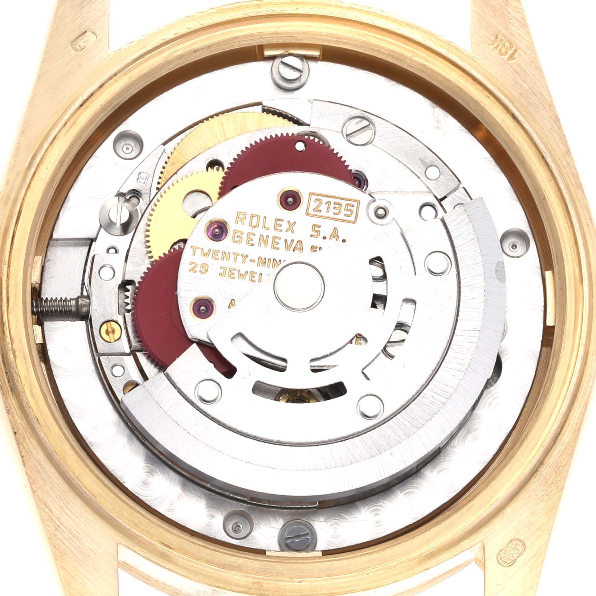 This image shows the internal movement mechanism of a mid-size Rolex watch taken from a top-down angle.