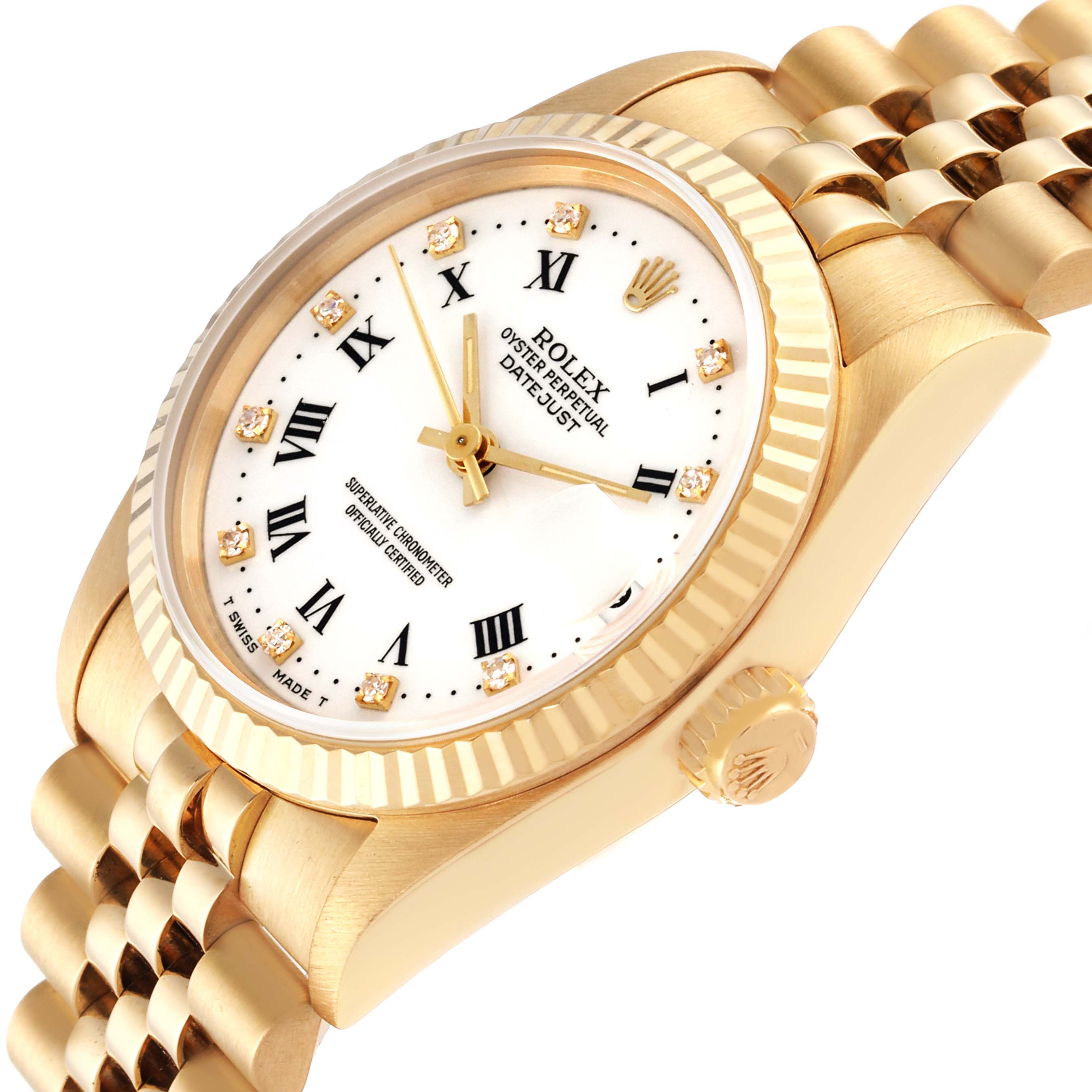 The image shows a close-up of the Rolex Mid-Size 68278 Women's Yellow Gold White Dial 68278 Women's Yellow Gold White Dial Oyster Perpetual Datejust, highlighting the face, crown, bezel, and part of the bracelet.