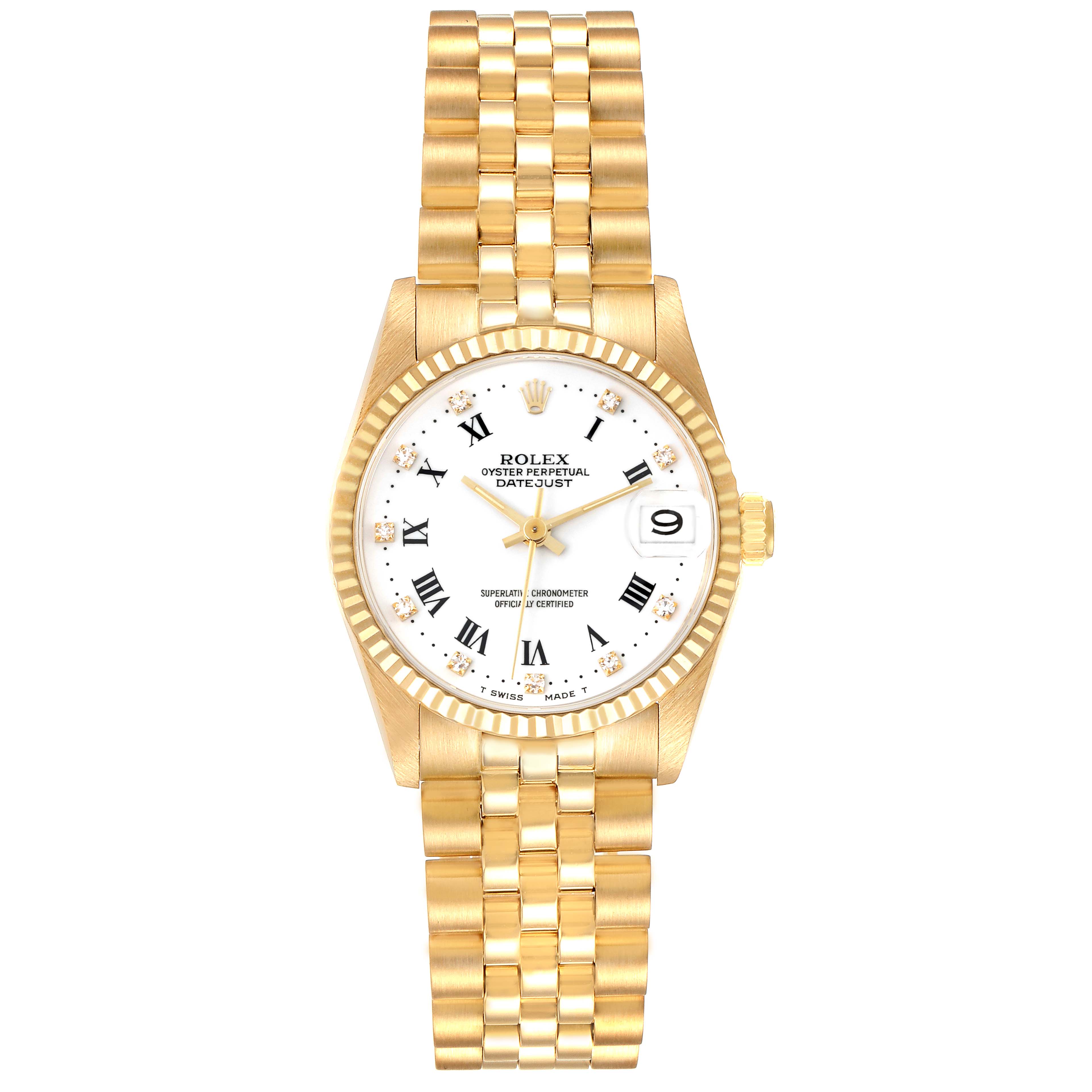 A front view of the Rolex Mid-Size 68278 Women's Yellow Gold White Dial 68278 Women's Yellow Gold White Dial Datejust, showing the face, Roman numeral markers, and gold bracelet.