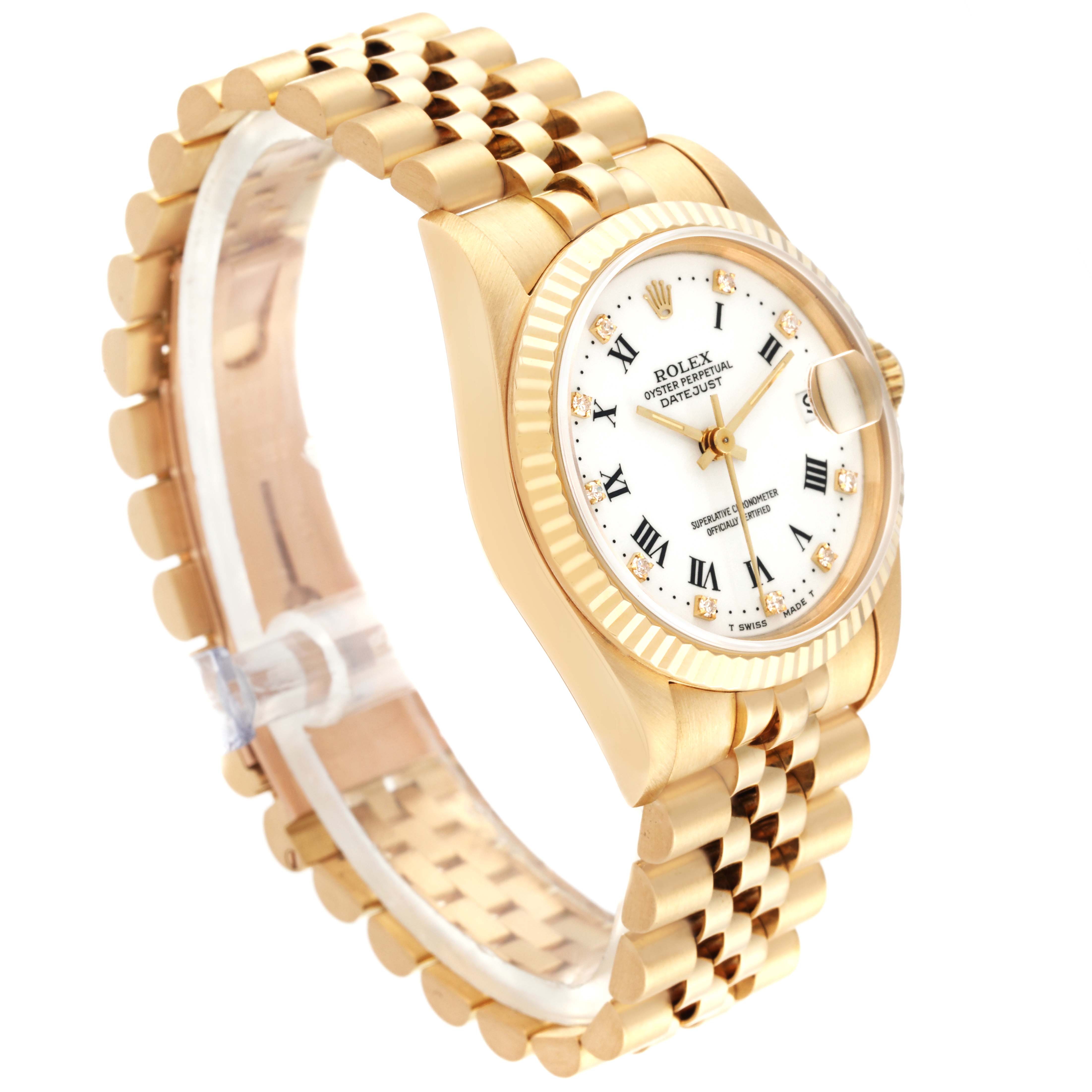 This Mid-Size Rolex watch is shown at a three-quarter angle, highlighting its gold bracelet, bezel, and white dial.