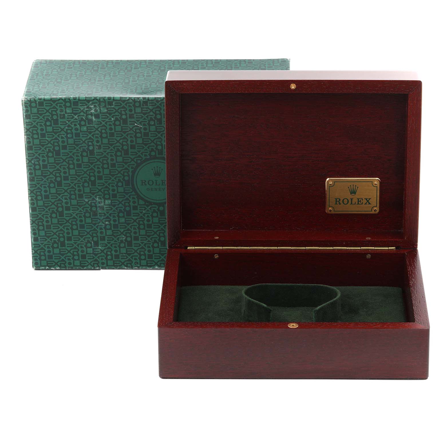 The image shows an open wooden case and a green outer box for a Rolex Mid-Size 68278 Women's Yellow Gold White Dial 68278 Women's Yellow Gold White Dial model watch.
