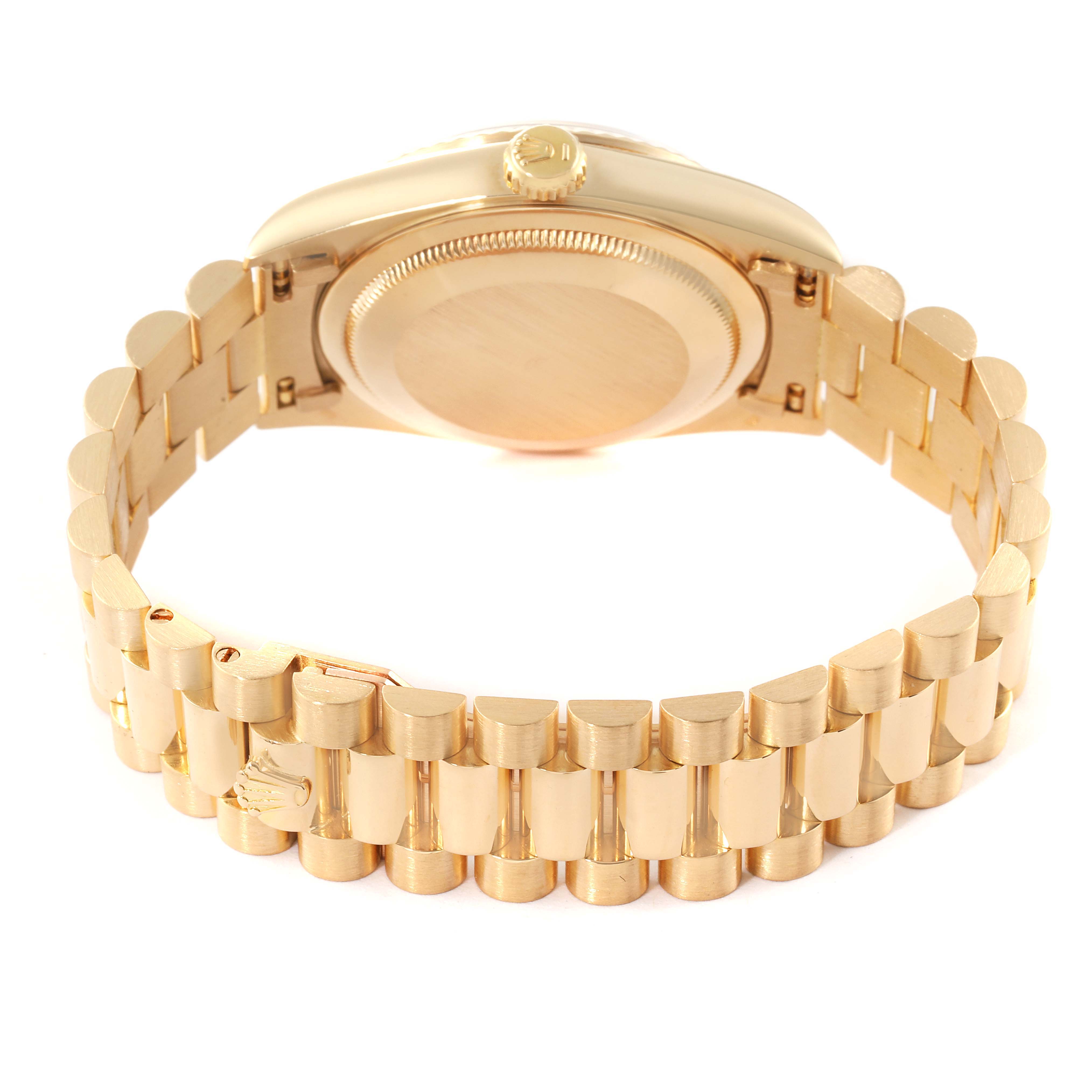 The image shows the back view of a Rolex President 18238 Men's Yellow Gold Champagne Dial 18238 Men's Yellow Gold Champagne Dial model, highlighting the bracelet and case back.