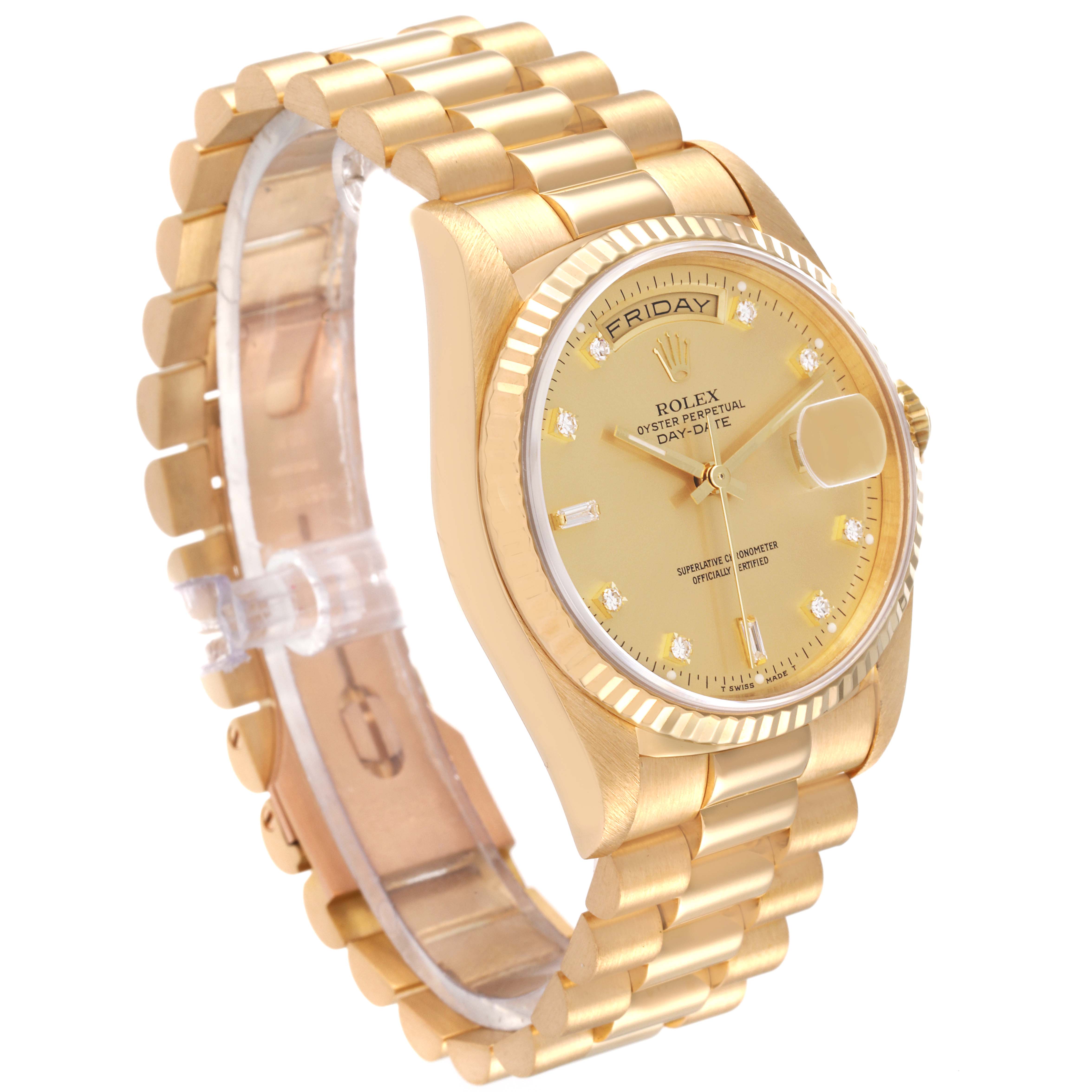 This image shows a side view of a Rolex President 18238 Men's Yellow Gold Champagne Dial 18238 Men's Yellow Gold Champagne Dial model watch, highlighting its yellow gold case and bracelet.