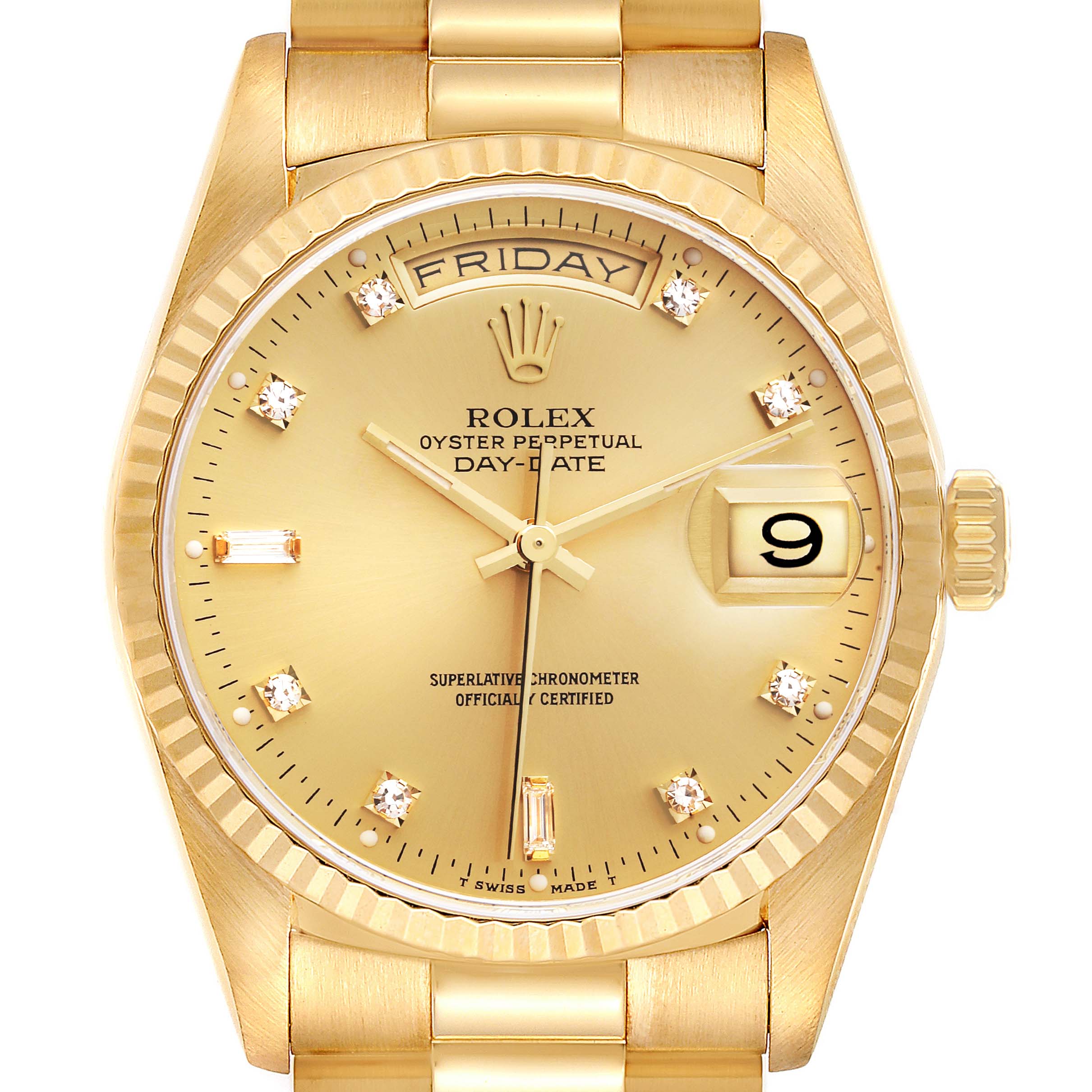 The image shows a front view of the Rolex President 18238 Men's Yellow Gold Champagne Dial 18238 Men's Yellow Gold Champagne Dial model watch, displaying the face, dial, day, and date windows.