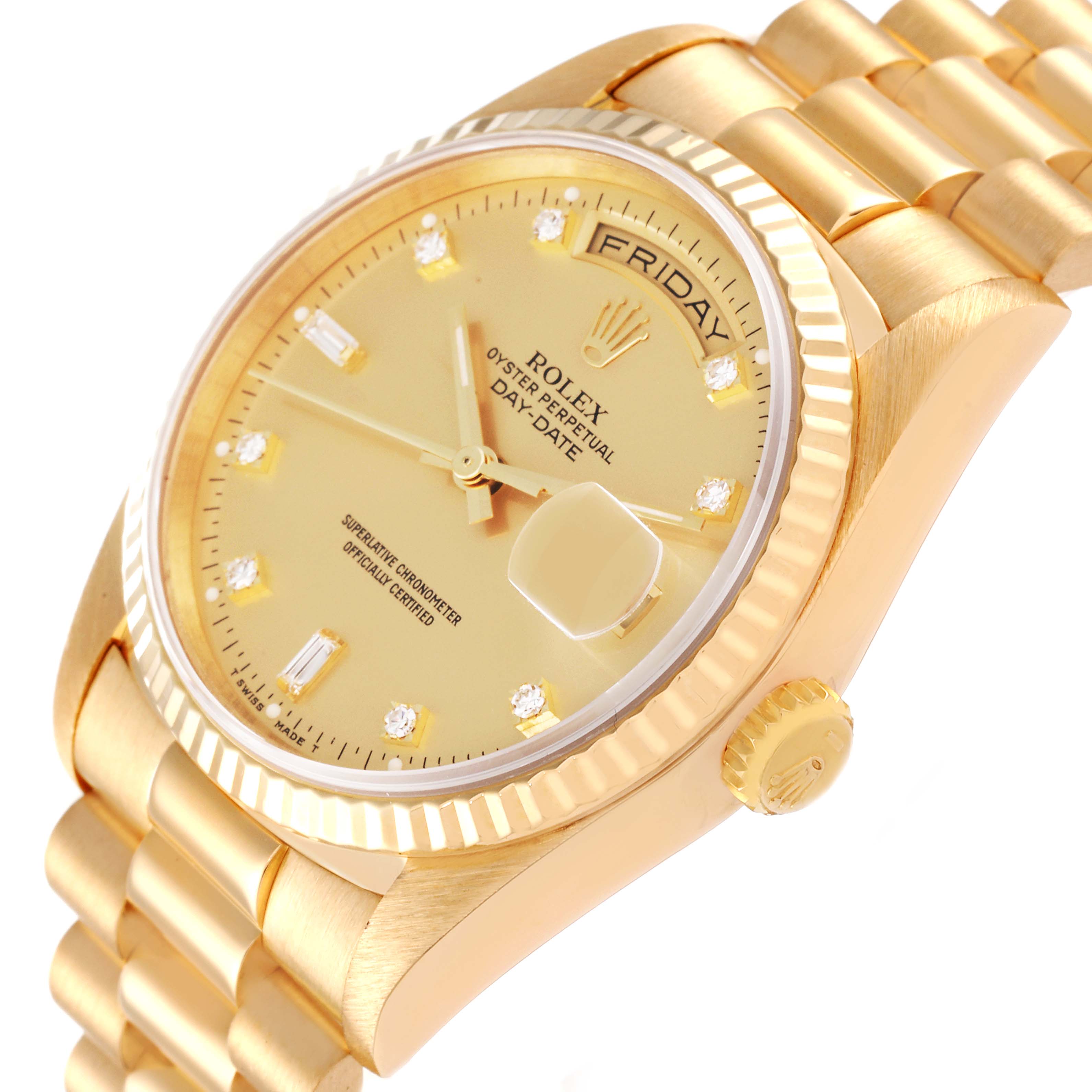 This Rolex President 18238 Men's Yellow Gold Champagne Dial 18238 Men's Yellow Gold Champagne Dial model watch is shown at a slight angle, highlighting the face, bezel, crown, and part of the bracelet.