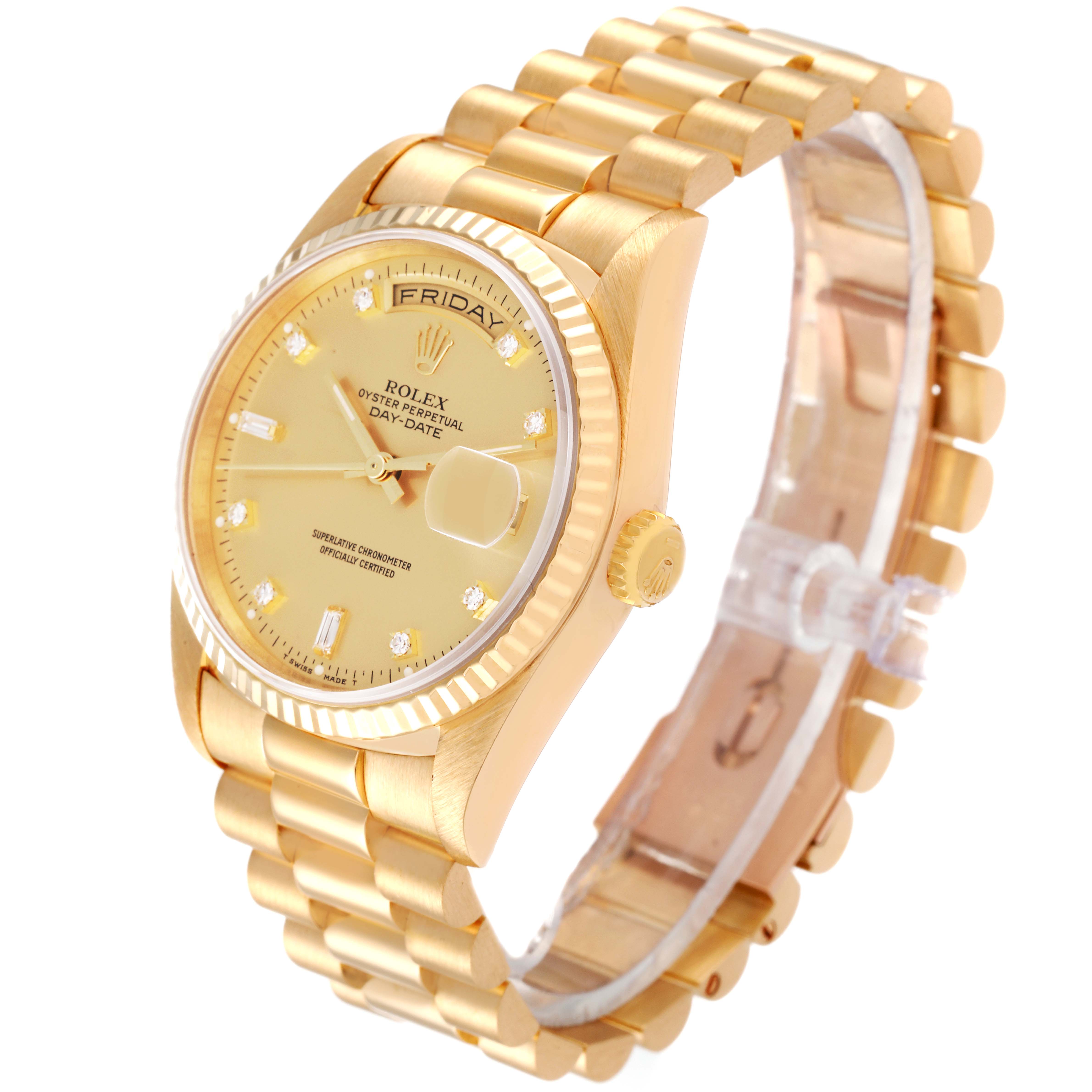 The image shows a Rolex President 18238 Men's Yellow Gold Champagne Dial 18238 Men's Yellow Gold Champagne Dial model watch at a slight angle from the right side, highlighting the face, bezel, and bracelet.