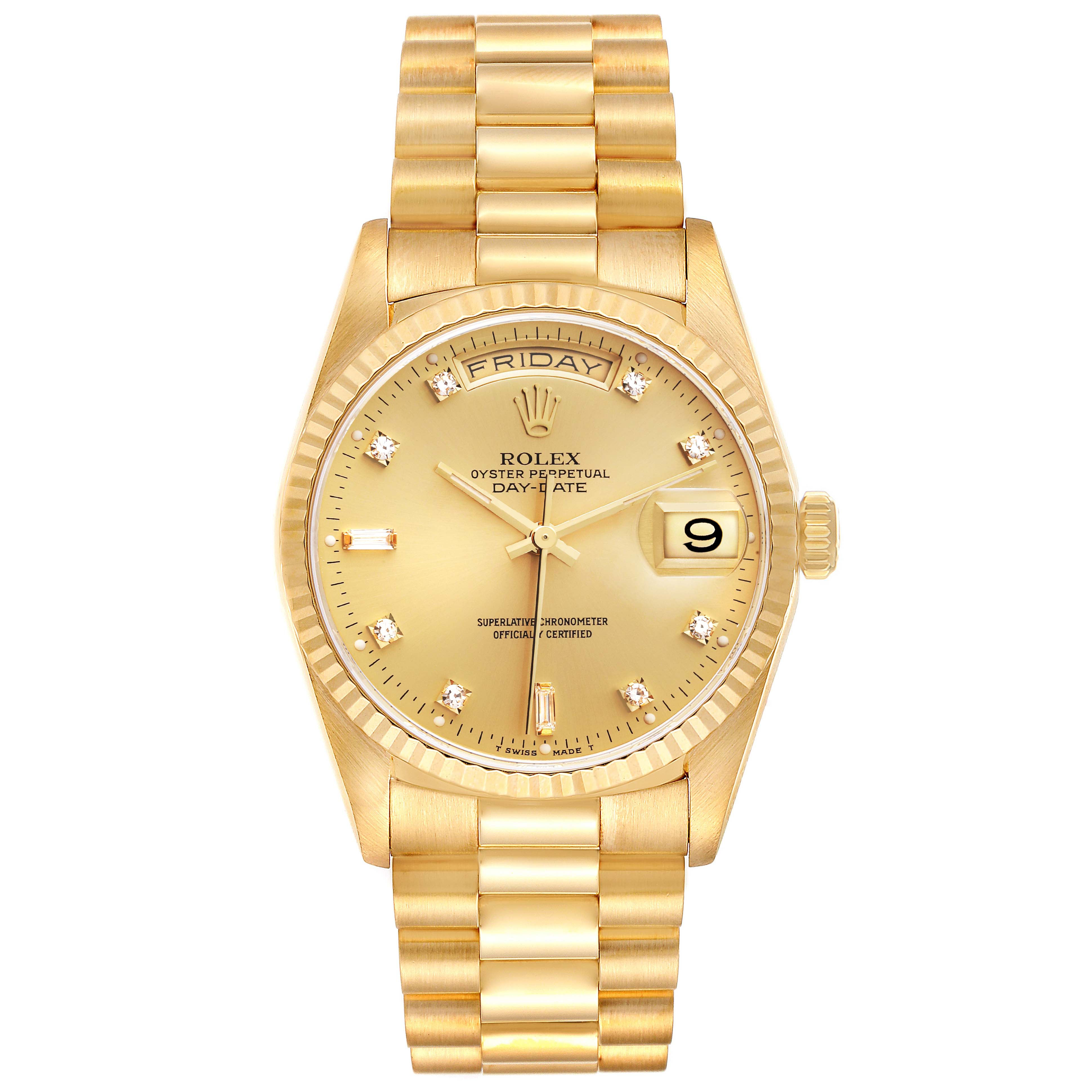 This image shows a front view of a gold Rolex President 18238 Men's Yellow Gold Champagne Dial 18238 Men's Yellow Gold Champagne Dial model watch, highlighting its bracelet, dial, and date display.