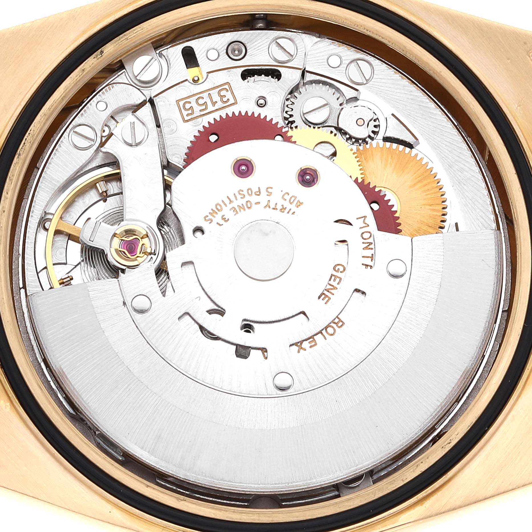 This image shows the internal mechanical movement of a Rolex President 18238 Men's Yellow Gold Champagne Dial 18238 Men's Yellow Gold Champagne Dial model watch from the back angle.