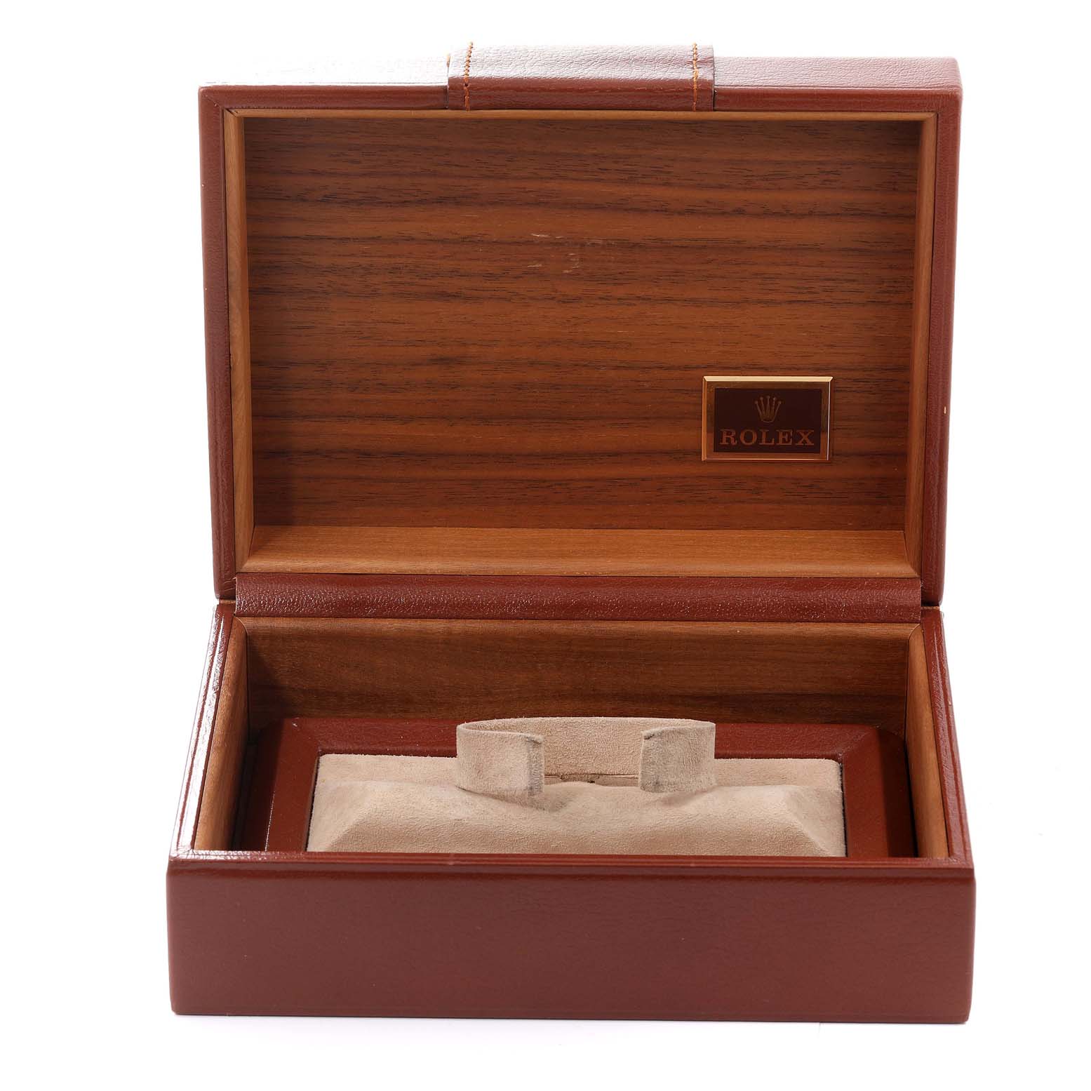 This is an open Rolex watch box for the President model, showing its interior and pillow for holding the watch.