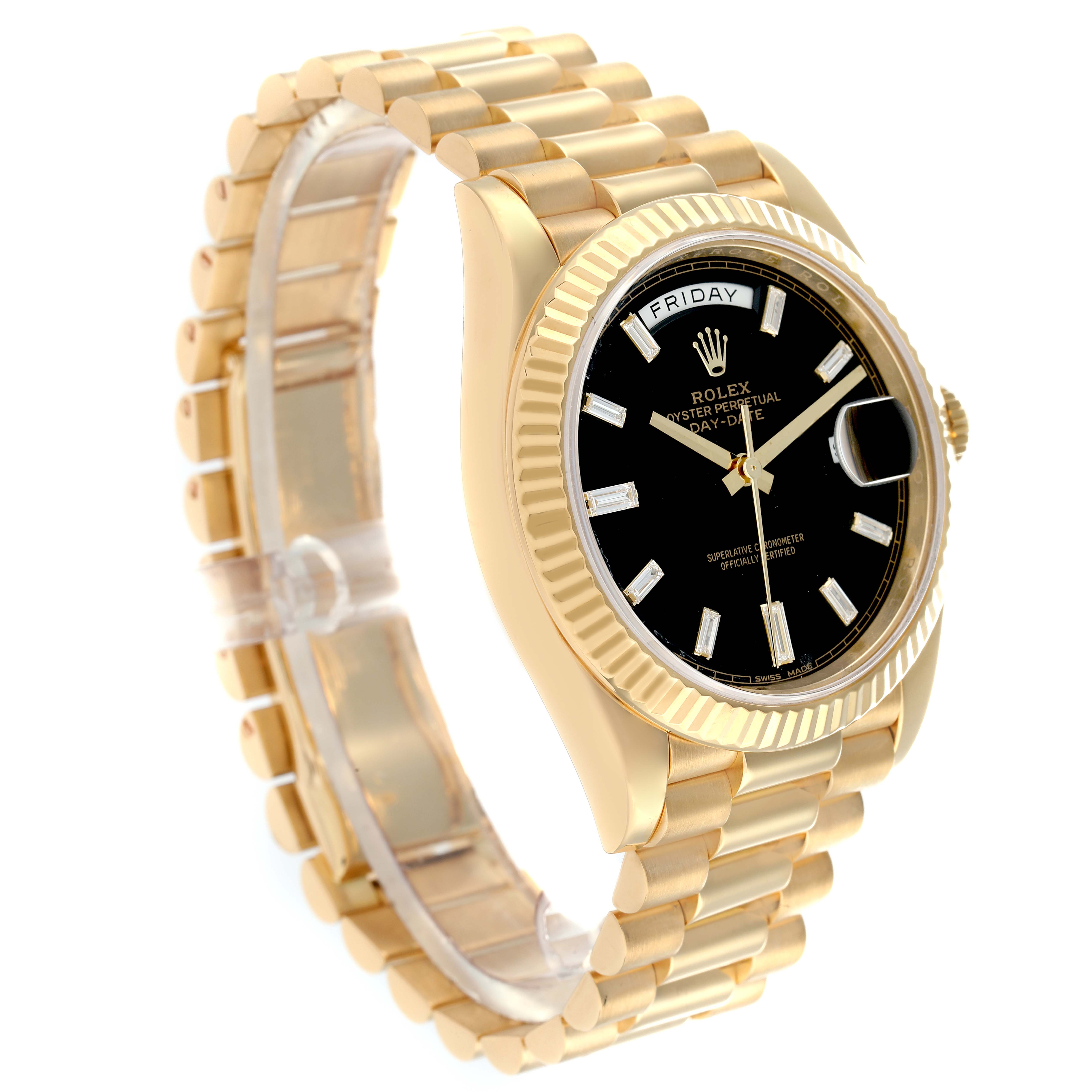 The Rolex President 228238 Men
s Yellow Gold Black Dial model watch is shown at a three-quarter angle, highlighting the gold bracelet, fluted bezel, and black dial.
