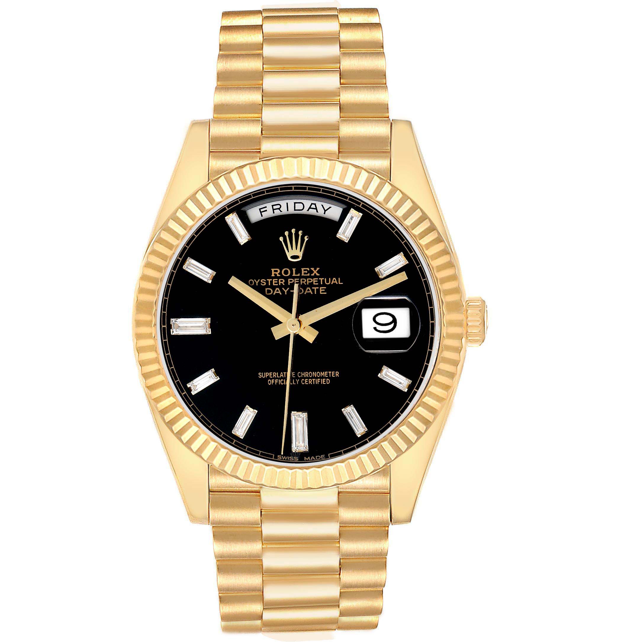The Rolex President 228238 Men
s Yellow Gold Black Dial model watch is shown from the front, displaying the dial, hands, bezel, and part of the band.