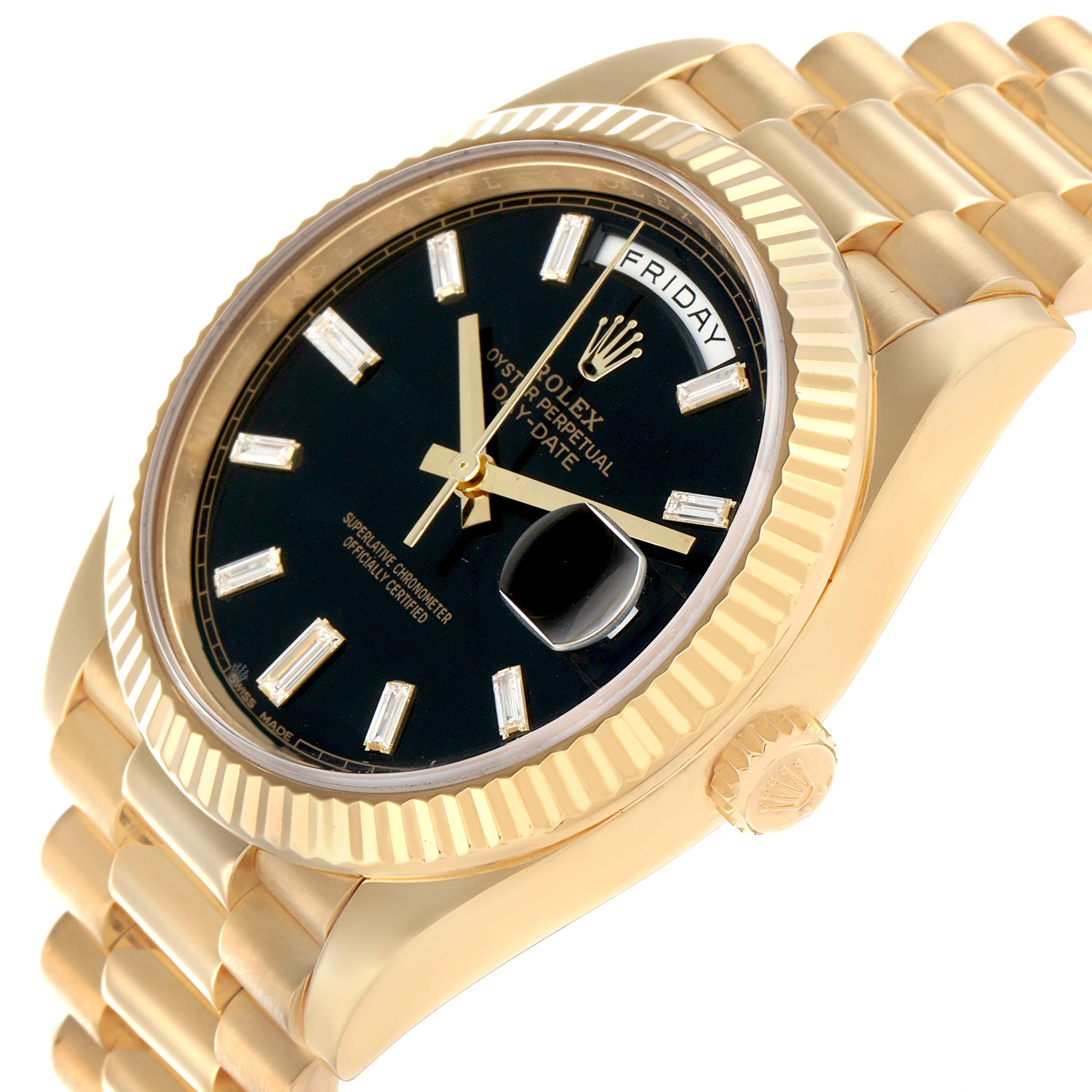 The Rolex President 228238 Men
s Yellow Gold Black Dial model is shown at an angled view, highlighting the black dial, day-date window, fluted bezel, and gold bracelet.
