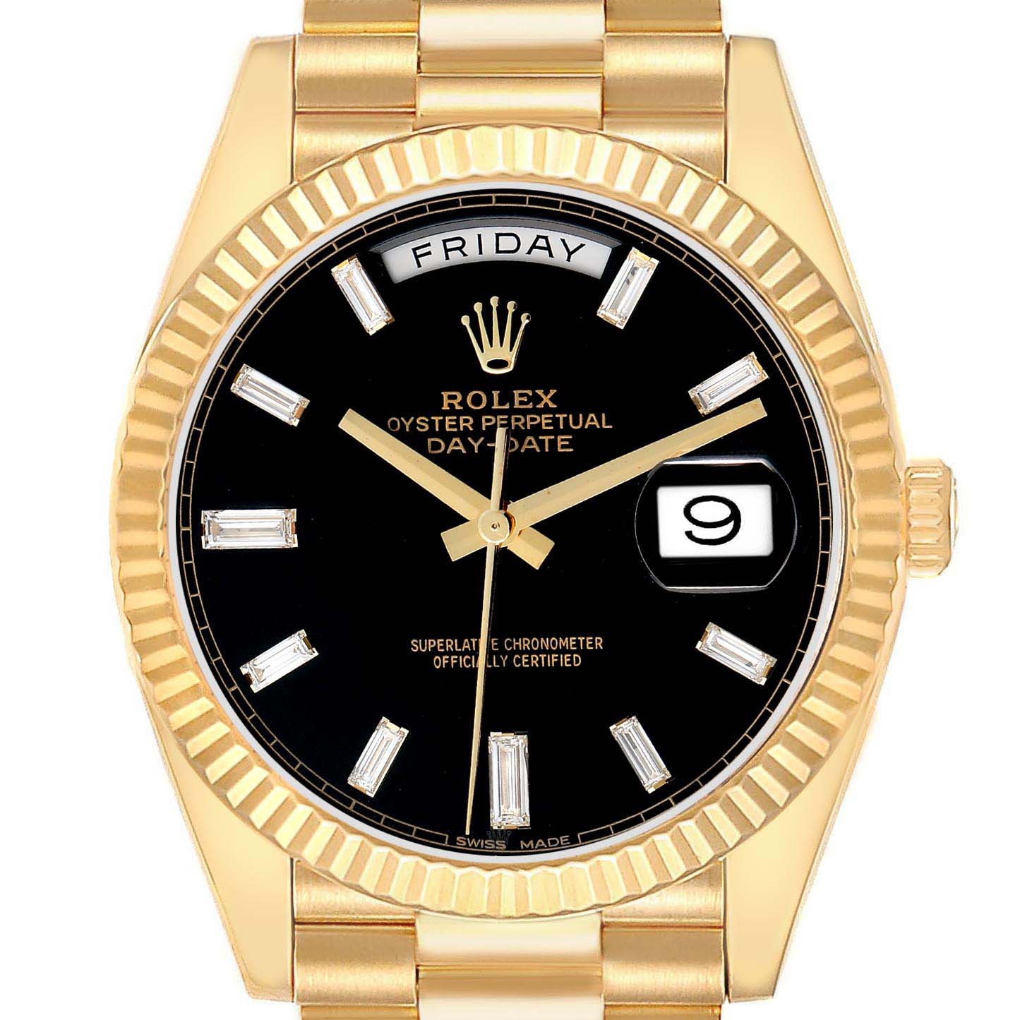 The image shows a Rolex President 228238 Men
s Yellow Gold Black Dial model watch from a frontal angle, highlighting the face, bezel, and part of the bracelet.
