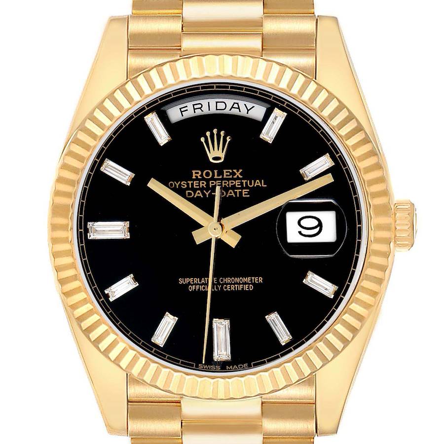 The image shows a Rolex President 228238 Men's Yellow Gold Black Dial model watch from a frontal angle, highlighting the face, bezel, and part of the bracelet.