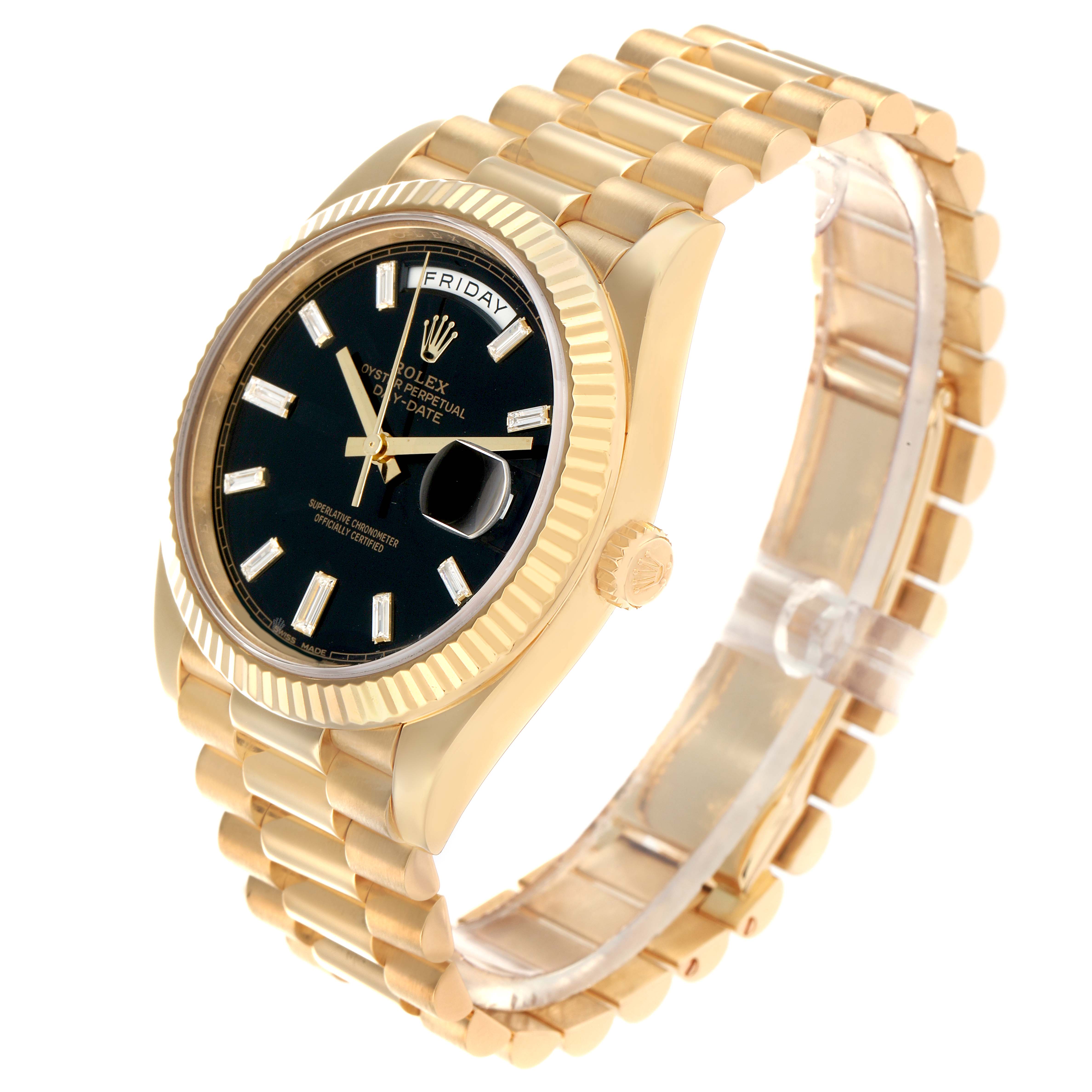 The Rolex President 228238 Men
s Yellow Gold Black Dial model watch is shown at a three-quarter angle, highlighting the bezel, dial, bracelet, and side crown.