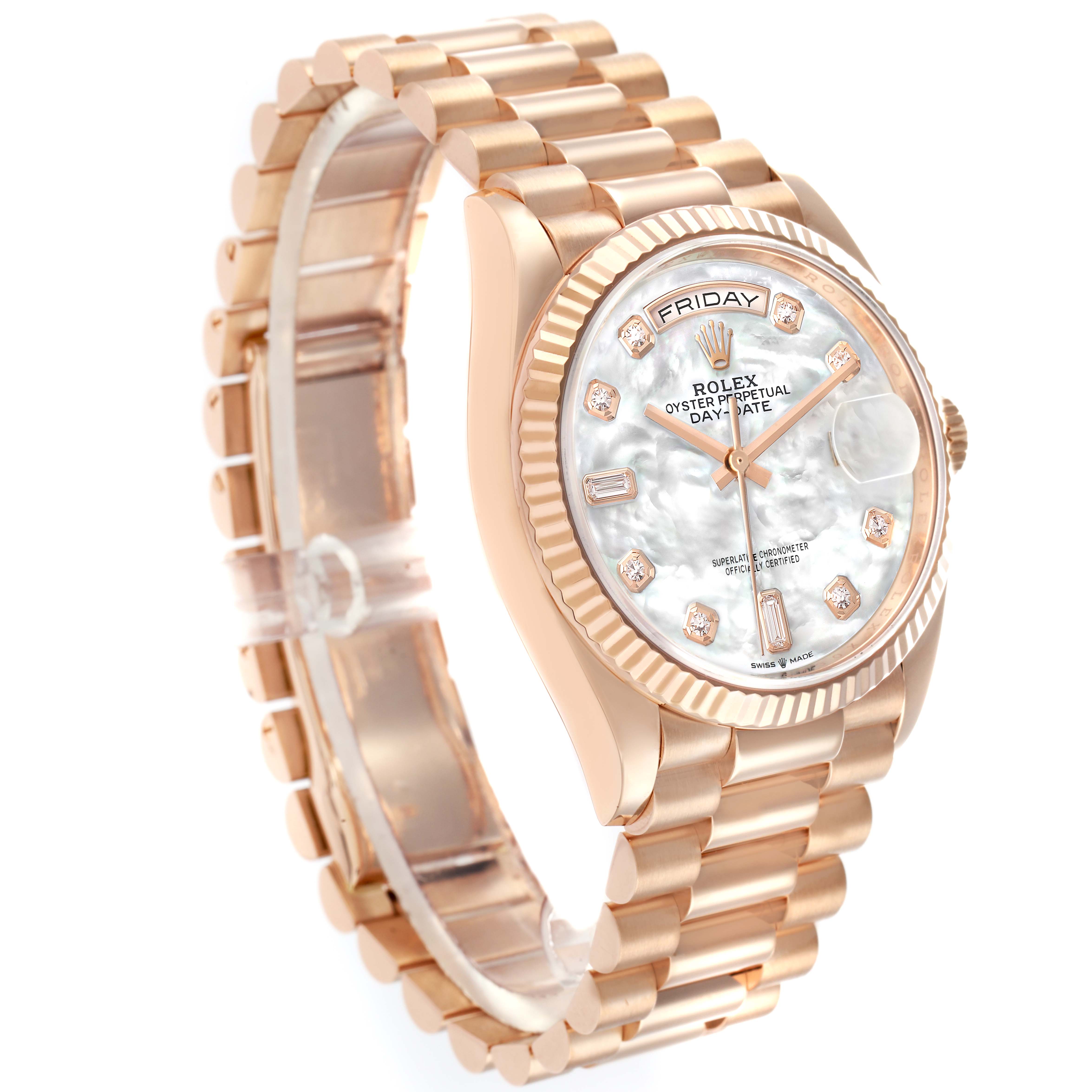 The Rolex President 128235 Men
s Rose Gold Mother of Pearl Dial model is shown at an angled view, highlighting the bracelet, dial, and fluted bezel.