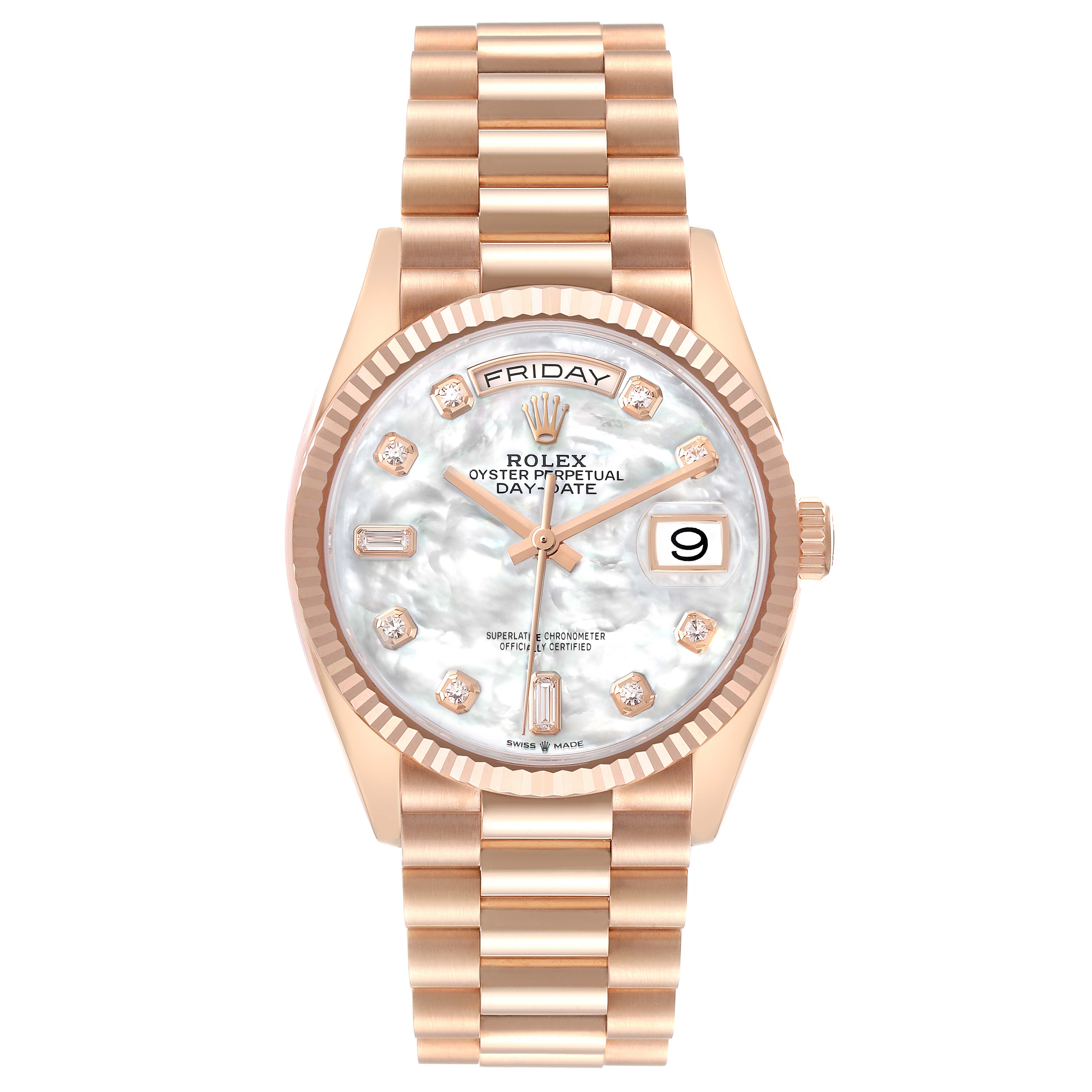 The Rolex President 128235 Men
s Rose Gold Mother of Pearl Dial model is shown from the front, highlighting the dial, bracelet, and crown.