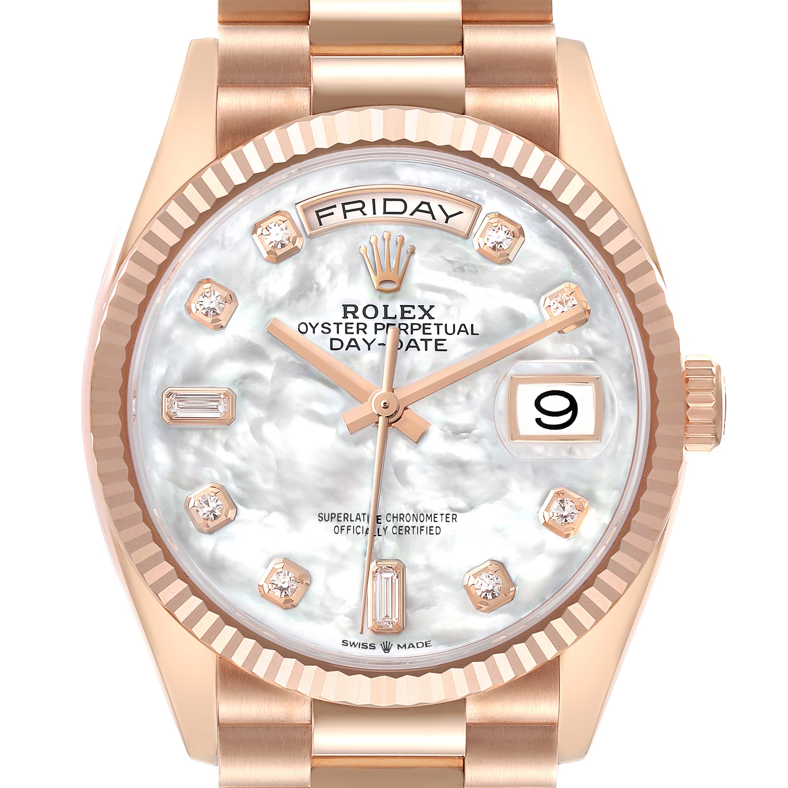 The Rolex President 128235 Men
s Rose Gold Mother of Pearl Dial model is shown from the front, highlighting the dial, fluted bezel, and part of the bracelet.