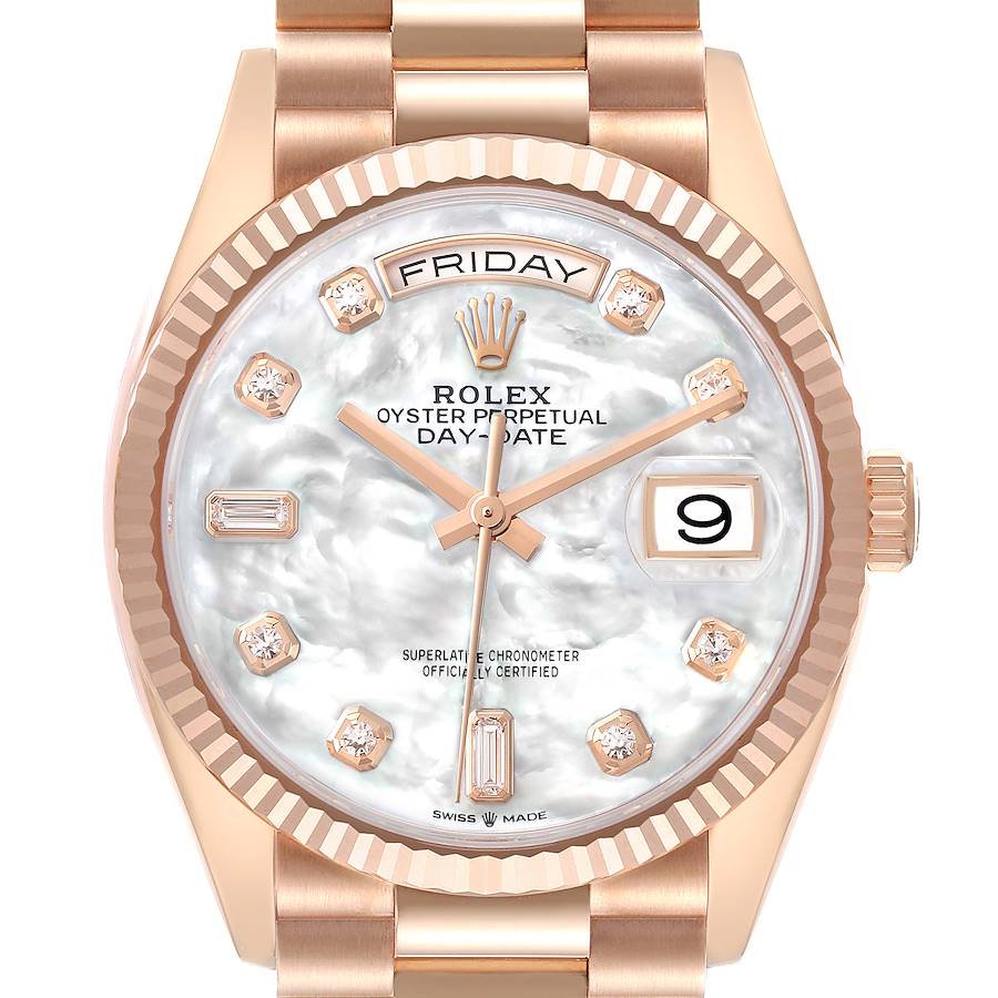 The Rolex President 128235 Men's Rose Gold Mother of Pearl Dial model is shown from the front, highlighting the dial, fluted bezel, and part of the bracelet.