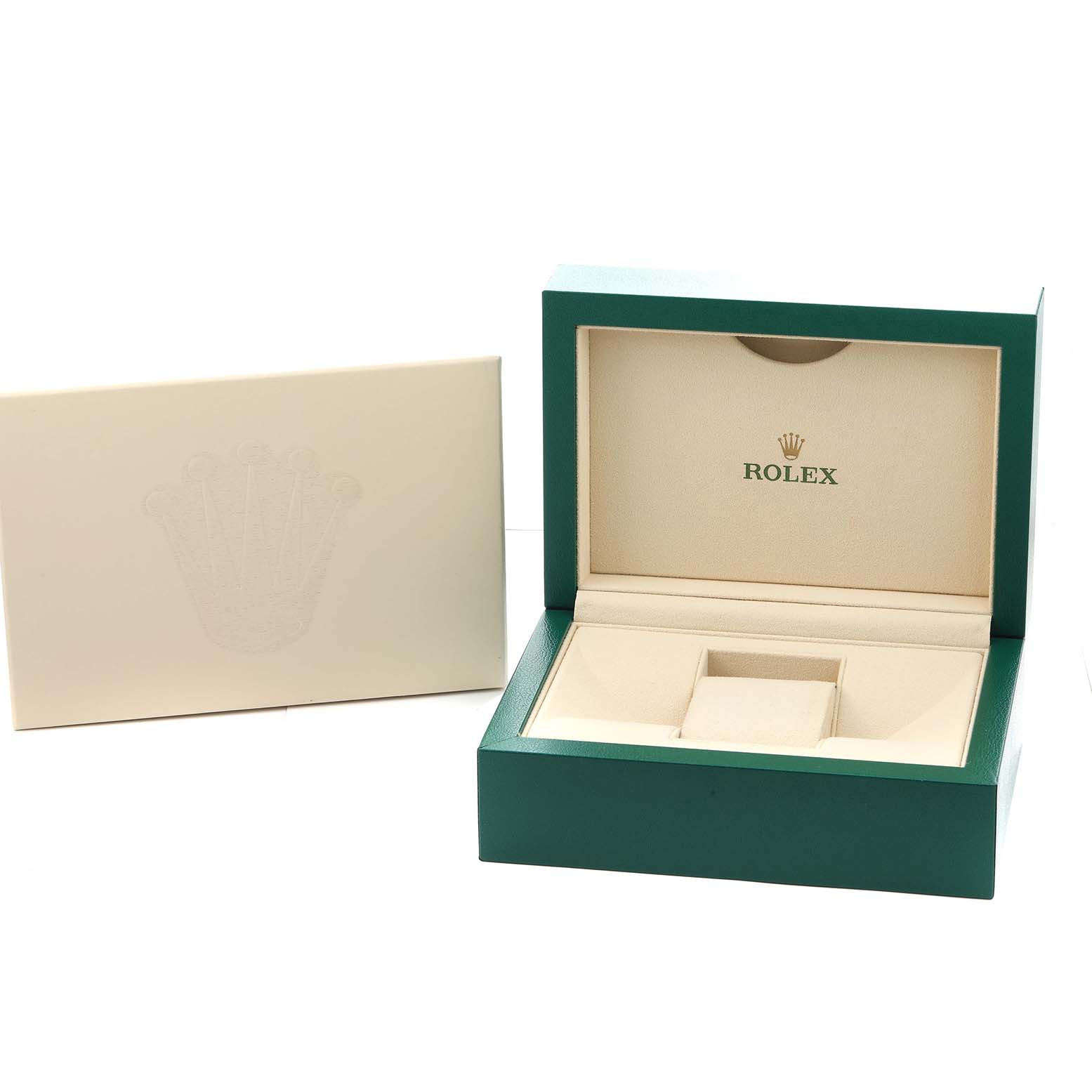 The image shows an open Rolex President 128235 Men
s Rose Gold Mother of Pearl Dial model packaging box at an angle, revealing the interior compartment.