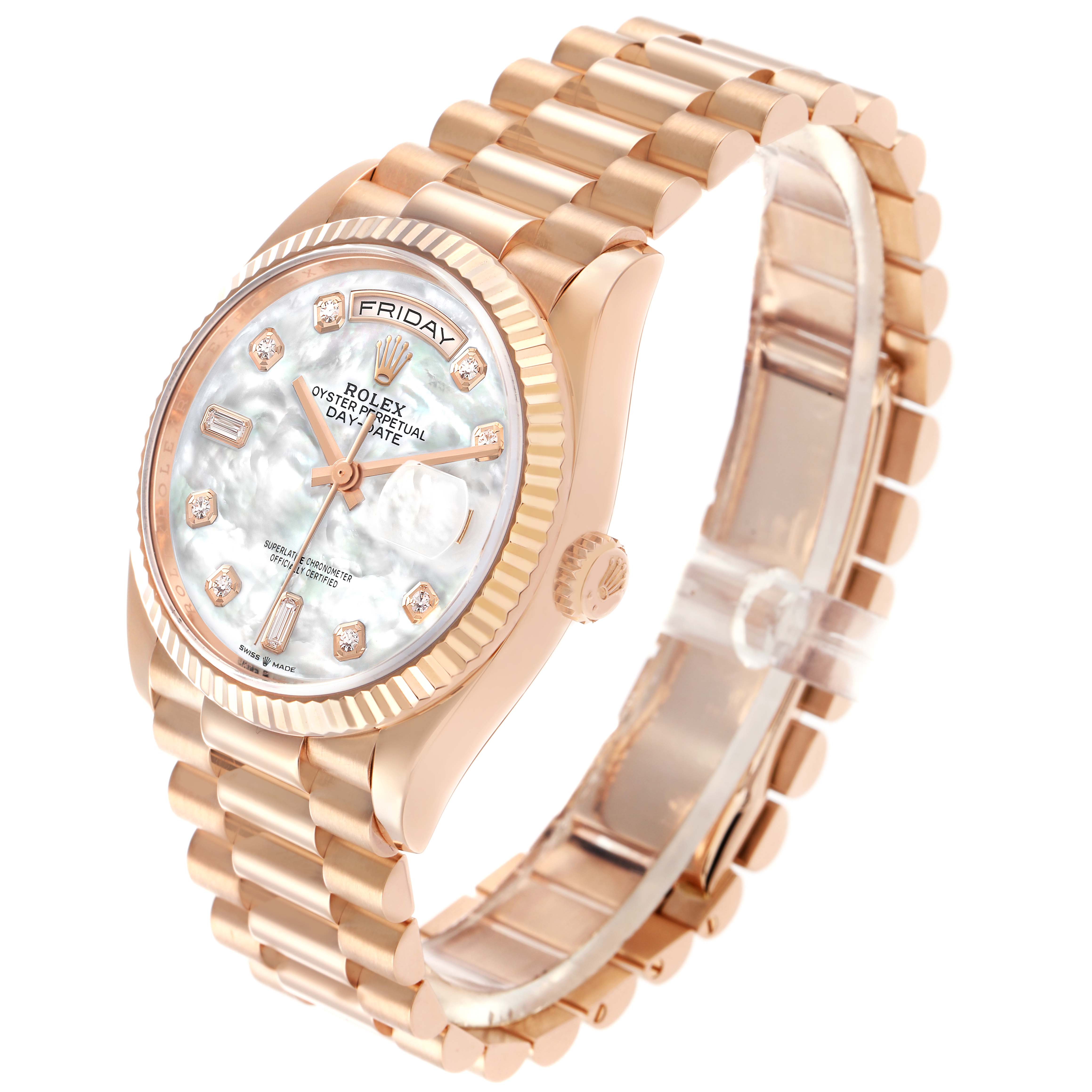 The Rolex President 128235 Men
s Rose Gold Mother of Pearl Dial model watch is shown at a three-quarter angle, displaying the dial, bezel, and full bracelet.