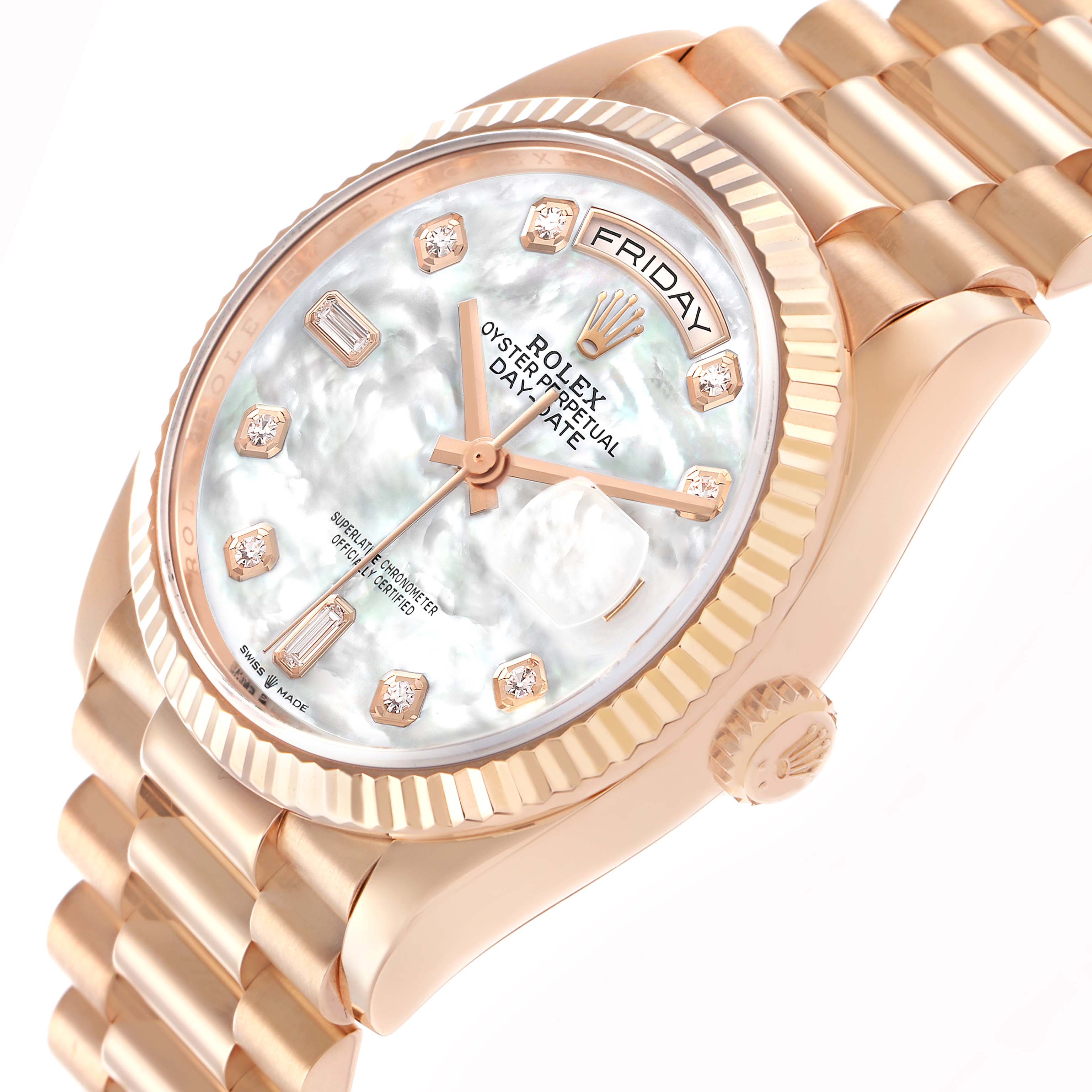 The Rolex President 128235 Men
s Rose Gold Mother of Pearl Dial model watch is shown at an angled side view, highlighting the dial, bezel, and part of the bracelet.
