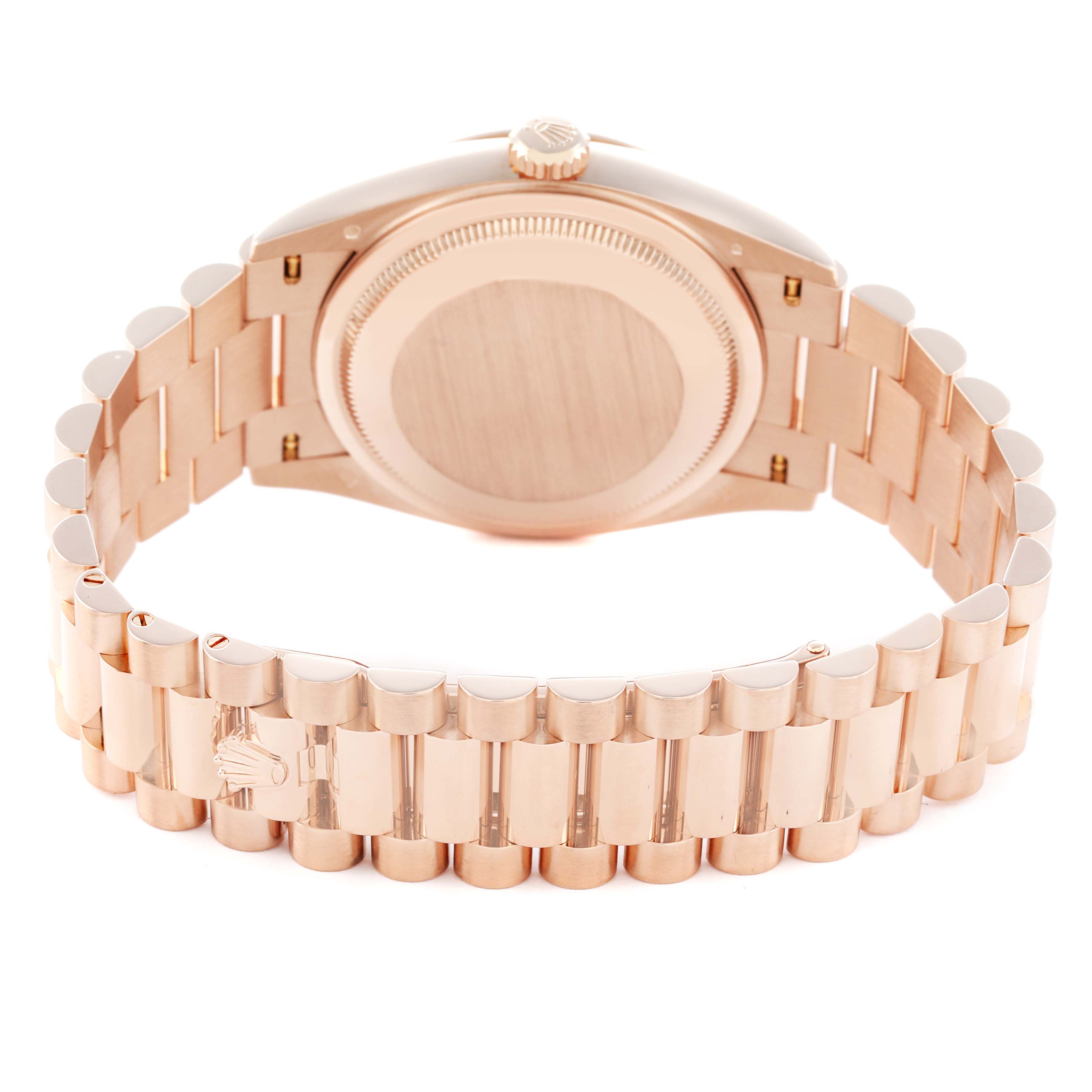 The image shows the back view of a Rolex President 128235 Men
s Rose Gold Mother of Pearl Dial watch, highlighting the case back and the bracelet.