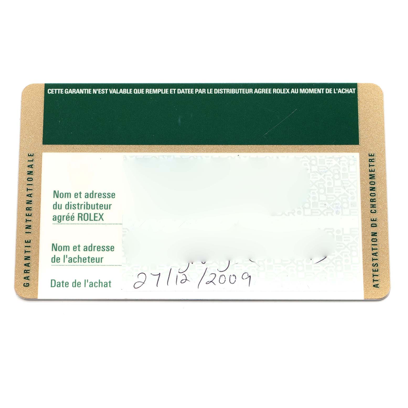 The image shows the warranty card for a Rolex President 218238 Men
s Yellow Gold Champagne Dial model, featuring purchase details in French.