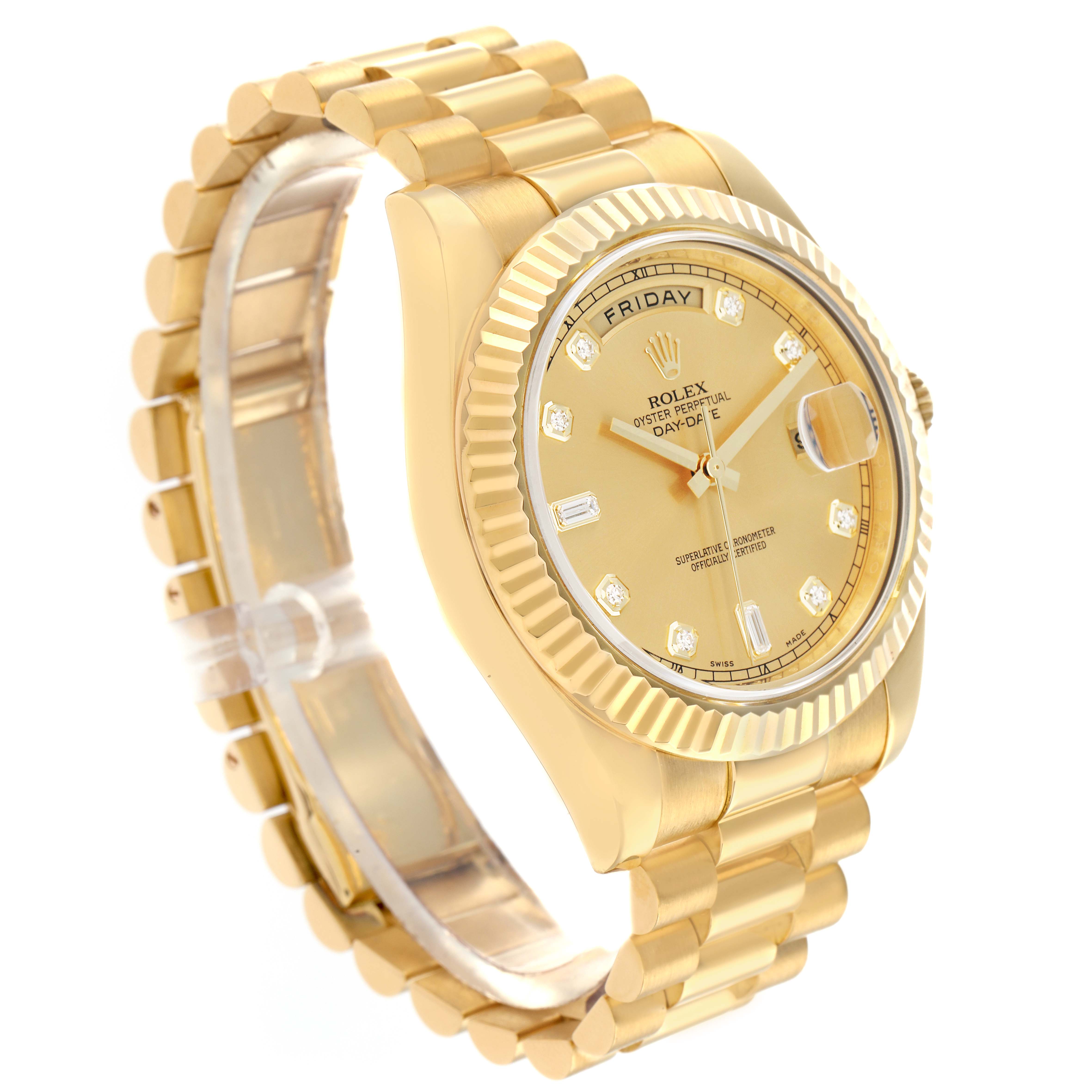 The Rolex President 218238 Men
s Yellow Gold Champagne Dial model watch is shown at a three-quarter angle, highlighting the gold bracelet, fluted bezel, and diamond indices.