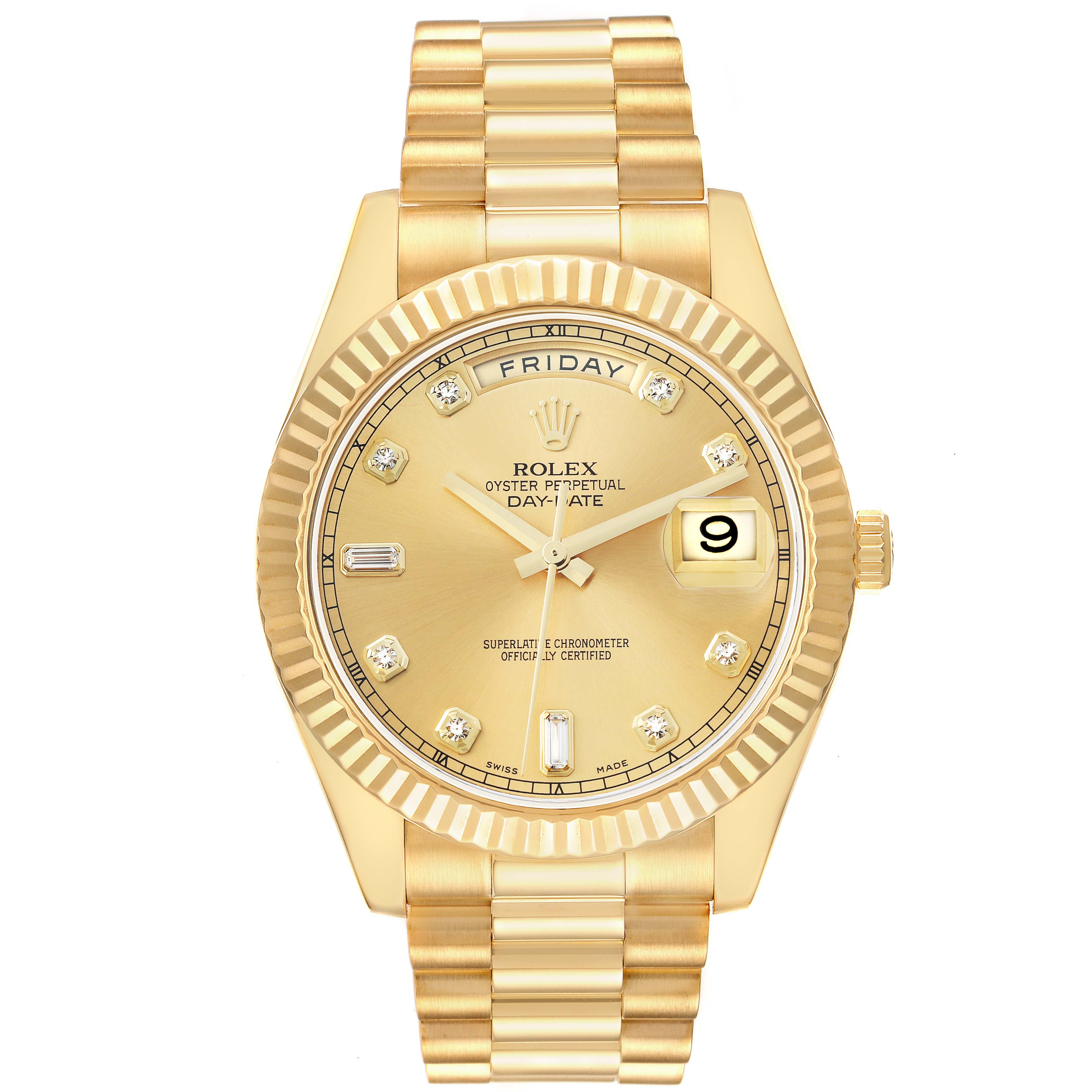 The Rolex President 218238 Men
s Yellow Gold Champagne Dial model watch is shown from the front, displaying its face, bracelet, and fluted bezel.