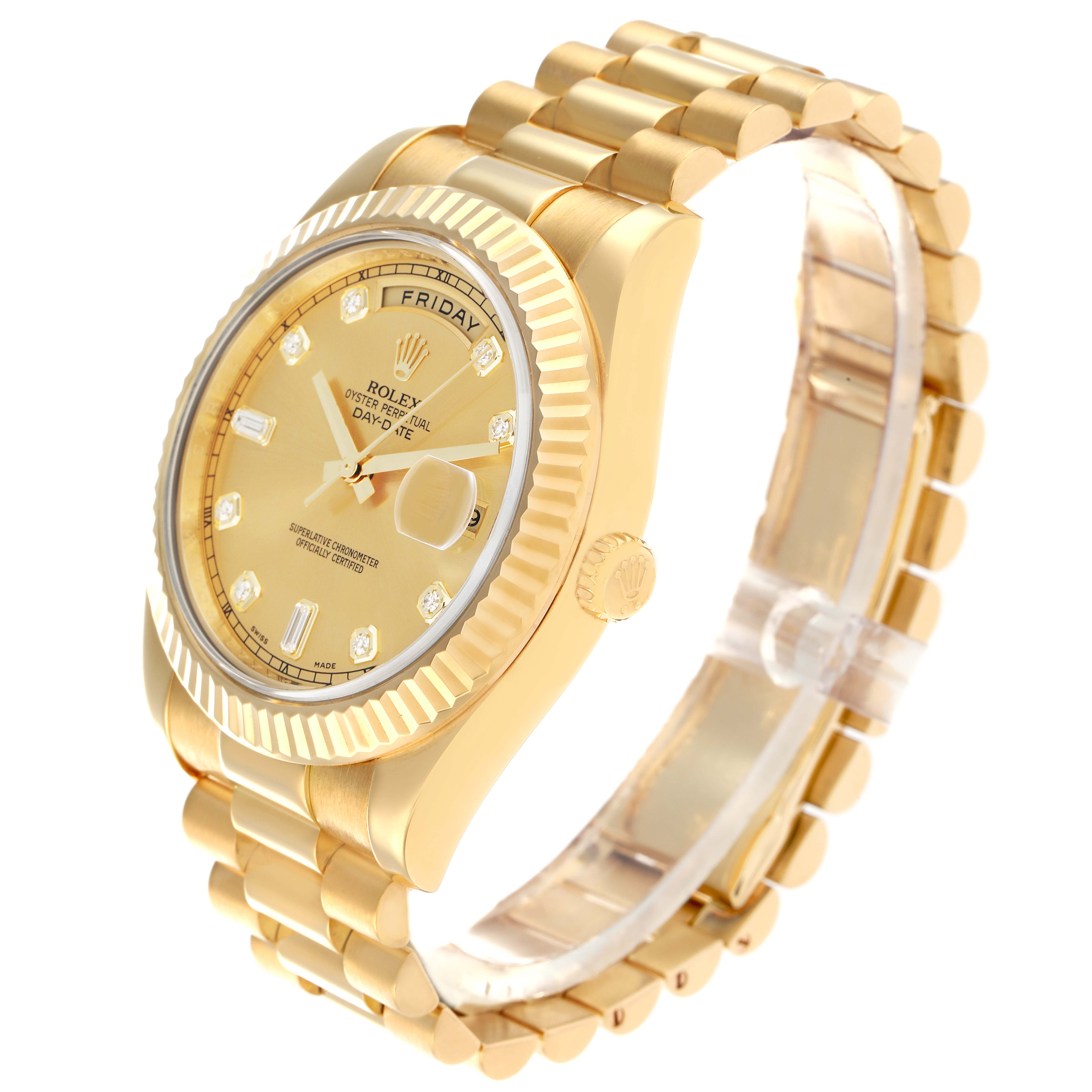 The Rolex President 218238 Men
s Yellow Gold Champagne Dial model is shown at a three-quarters angle, highlighting the dial, bezel, and bracelet.