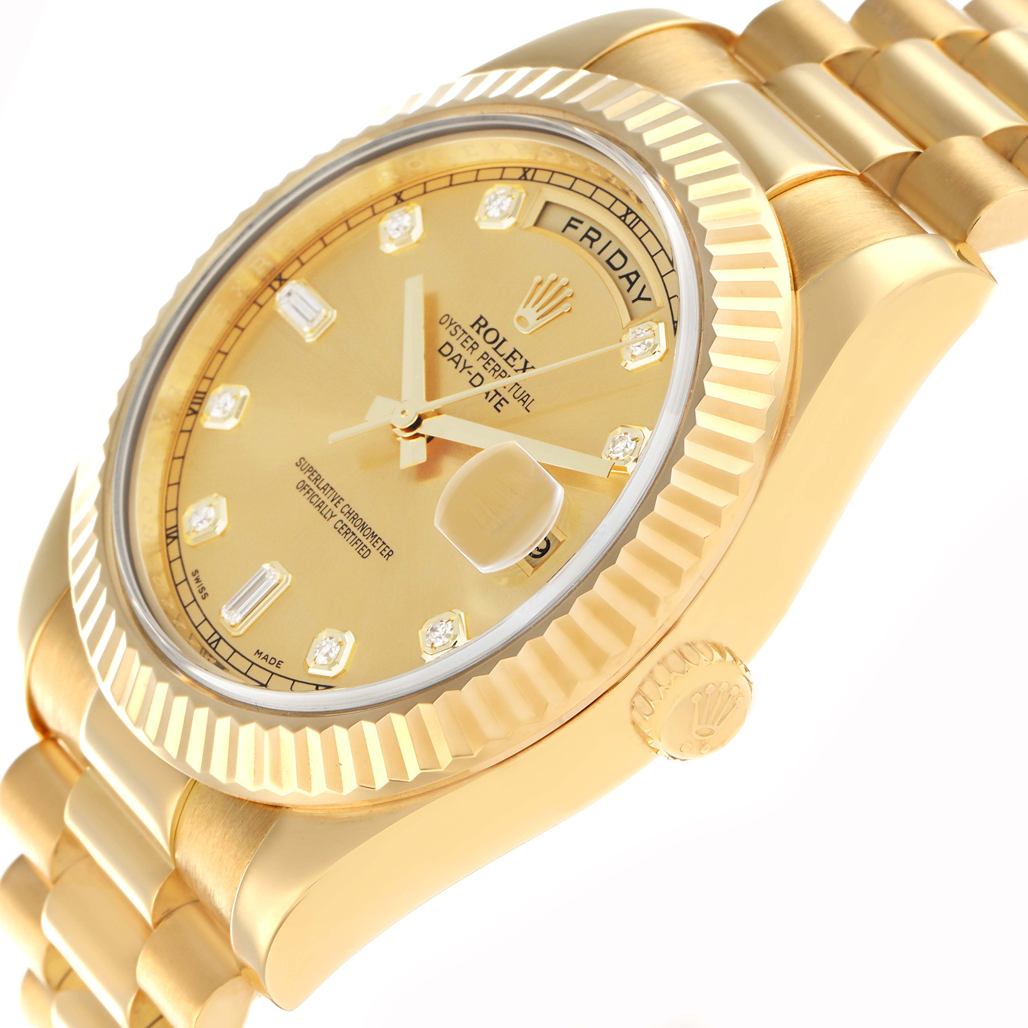 The Rolex President 218238 Men
s Yellow Gold Champagne Dial model watch is shown at an angle highlighting its bezel, crown, bracelet, and diamond hour markers.