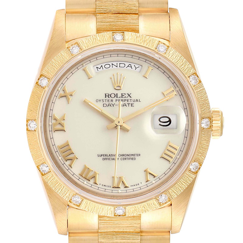 Rolex President Day-Date Ivory Dial Yellow Gold Diamond Mens Watch 18308 SwissWatchExpo