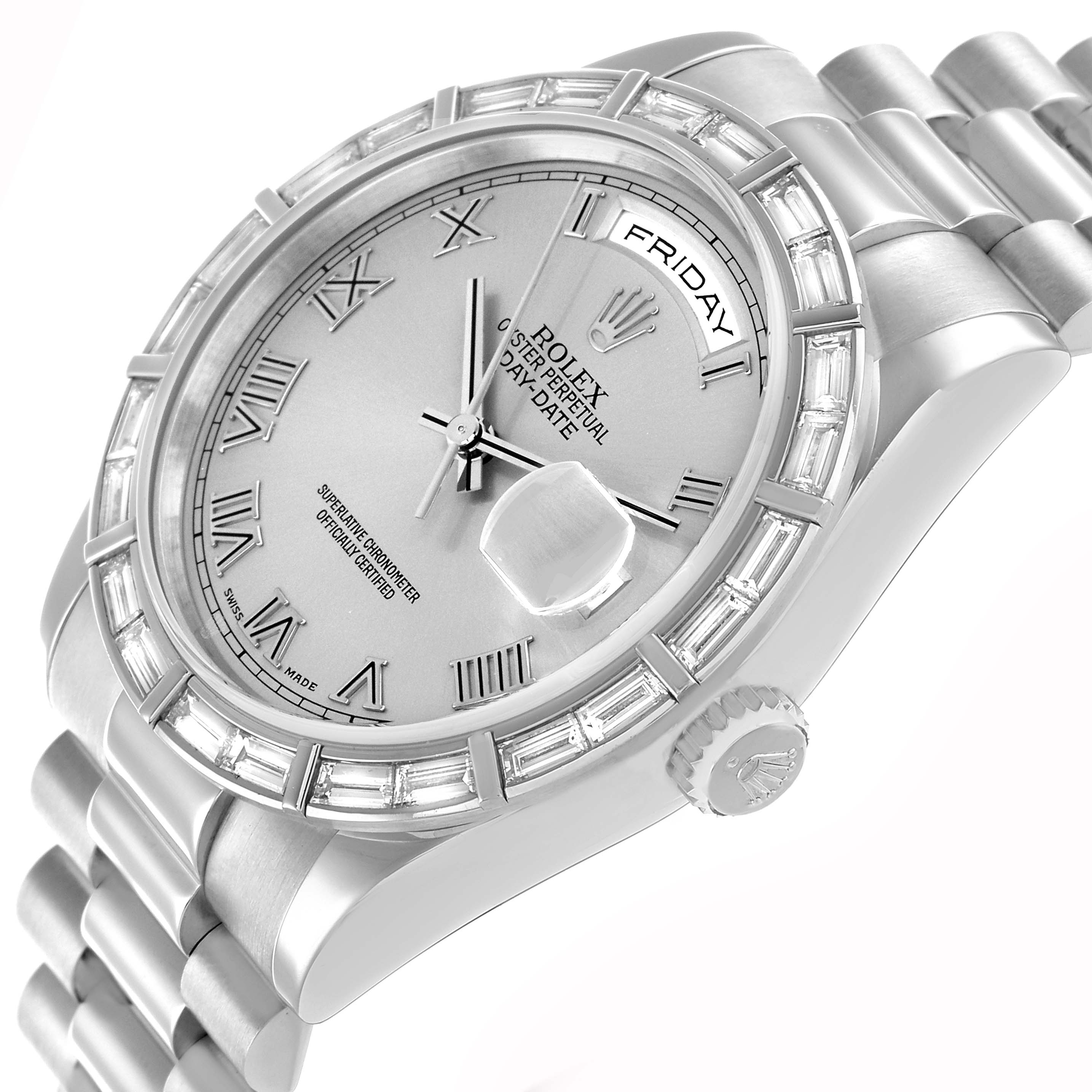 The Rolex President 118366 Men
s Platinum Silver Dial model watch is shown at a three-quarter angle, displaying the face, bezel, and part of the bracelet.